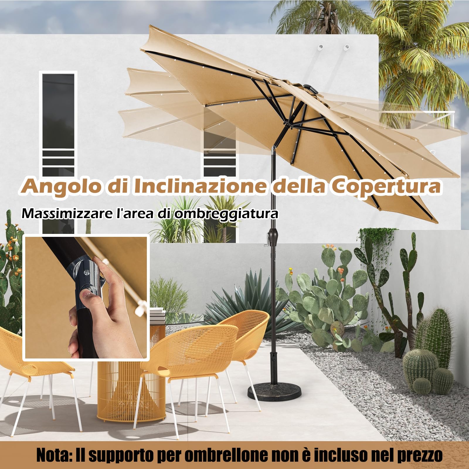 COSTWAY Ombrellone da Giardino da 300 cm, Parasole per Esterno con 24 Luci LED, con 8 Stecche in Metallo, Manovella e Inclinazione Regolabile, per Giardino, Coltile, Piscina (Beige)