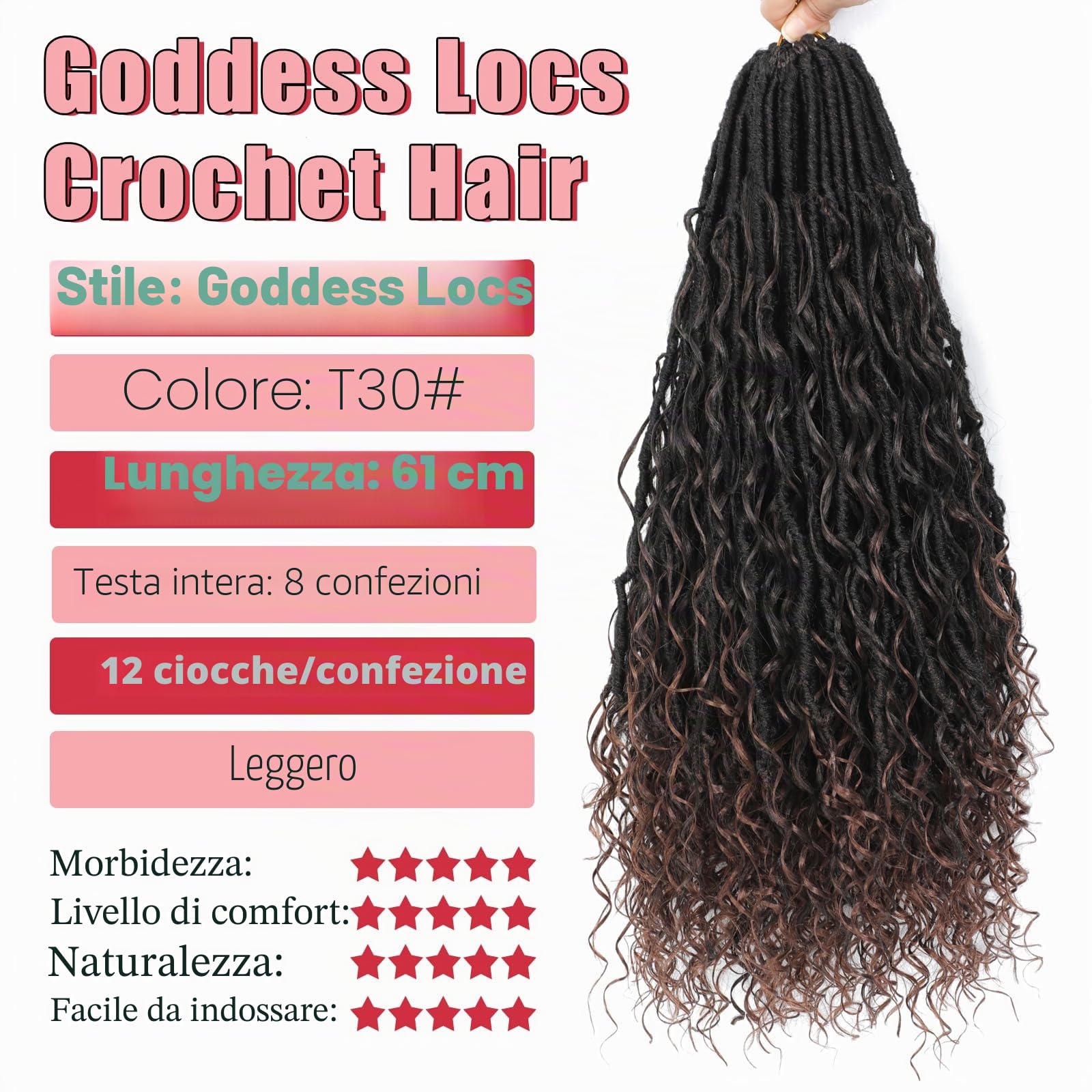 Boho Faux Locs Crochet Hair 8 Packs Goddess Soft Locs with Curly Ends Pre-Looped Bohemian River Locs Crochet Hair Extensions for Black Women (T30#, 24Inch(Pack of 8))