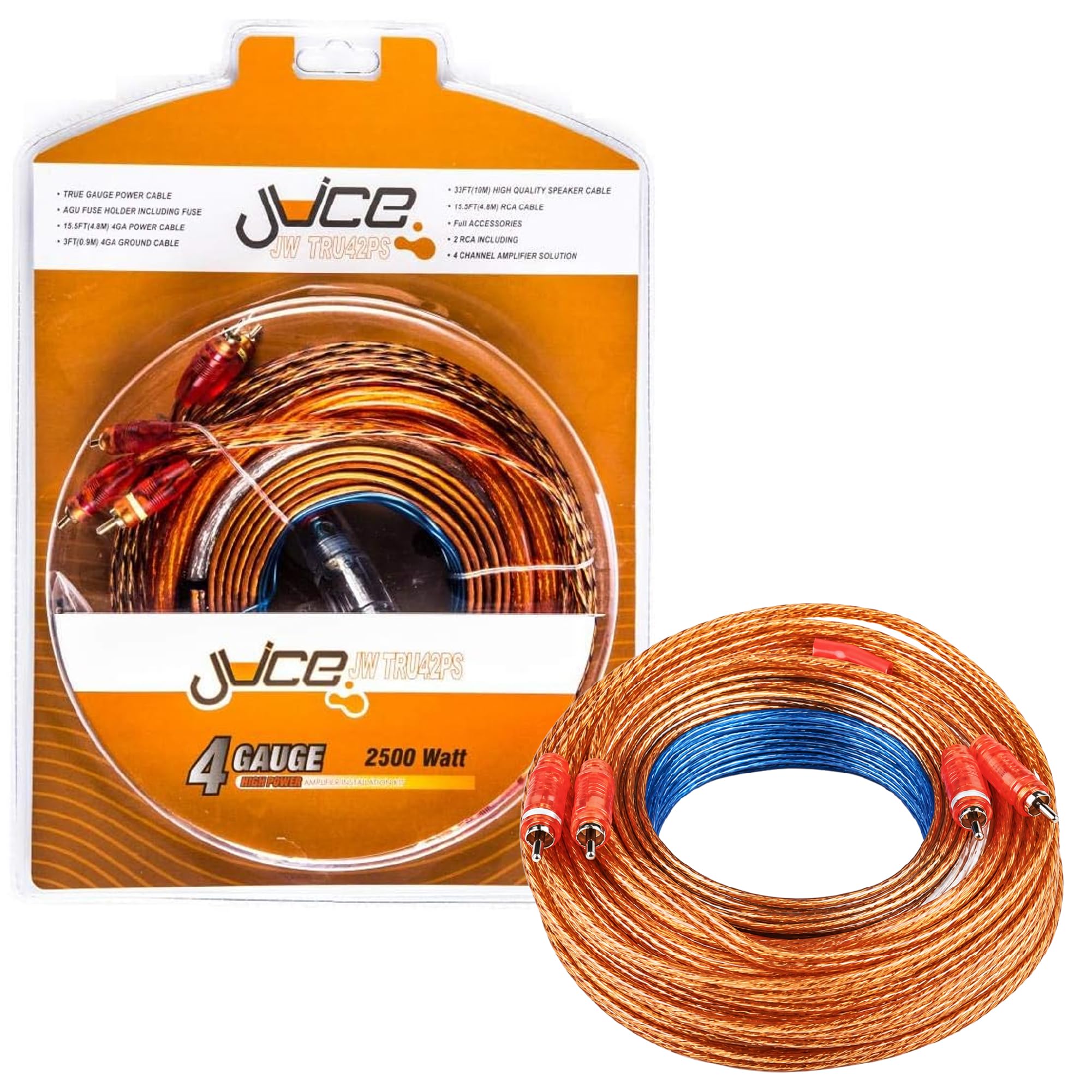 Juice Car Audio JWTRU41 2500W 4 Gauge Amplifier Wiring Kit, With Speaker, Power, RCA, Ground and Connection Cables