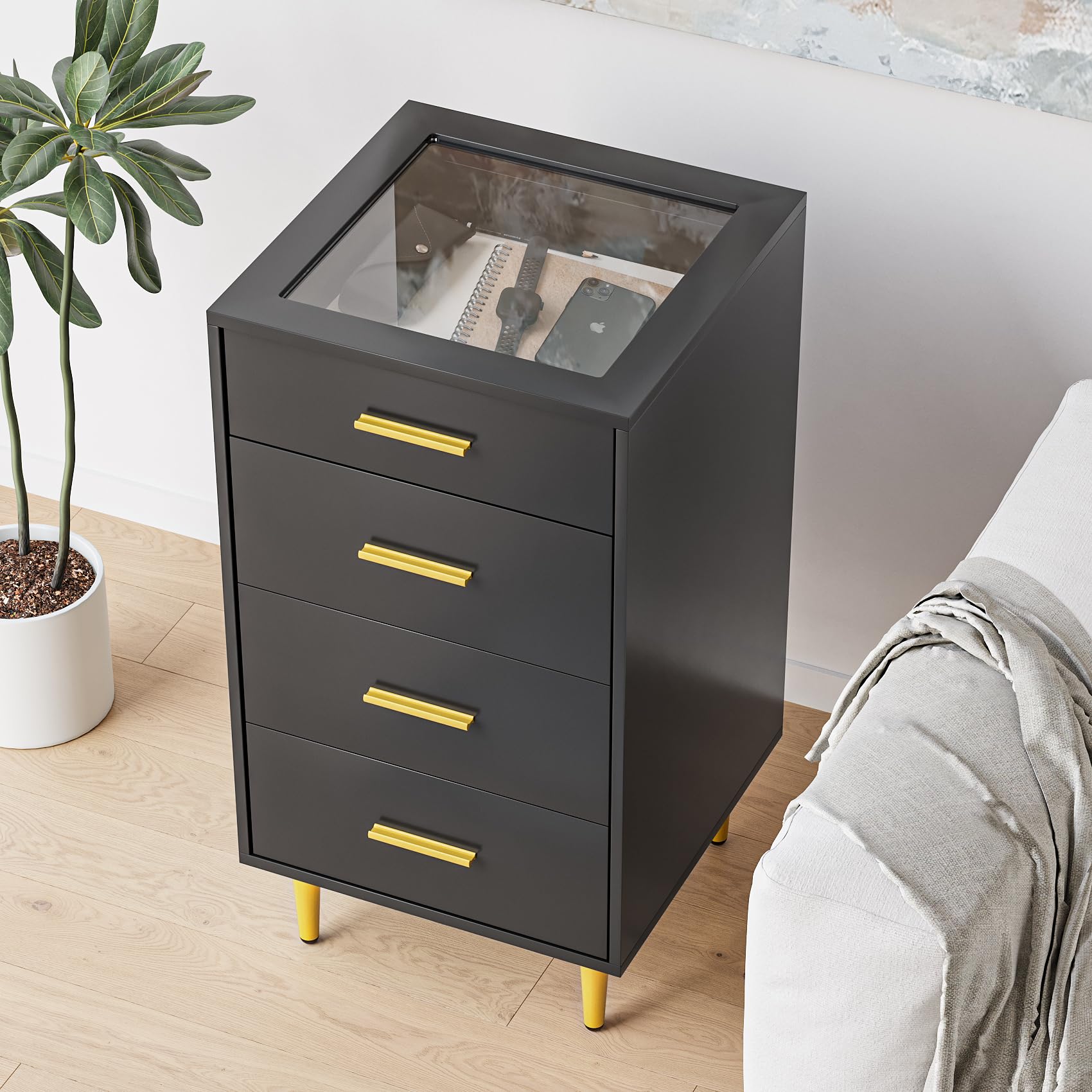 Semiocthome Black Chest of Drawers with Tempered Glass Top, Vanity Desk Side Cabinet with 4 Drawers, Jewelry Watch Display Cabinet with with Velvet Dividing Lattice