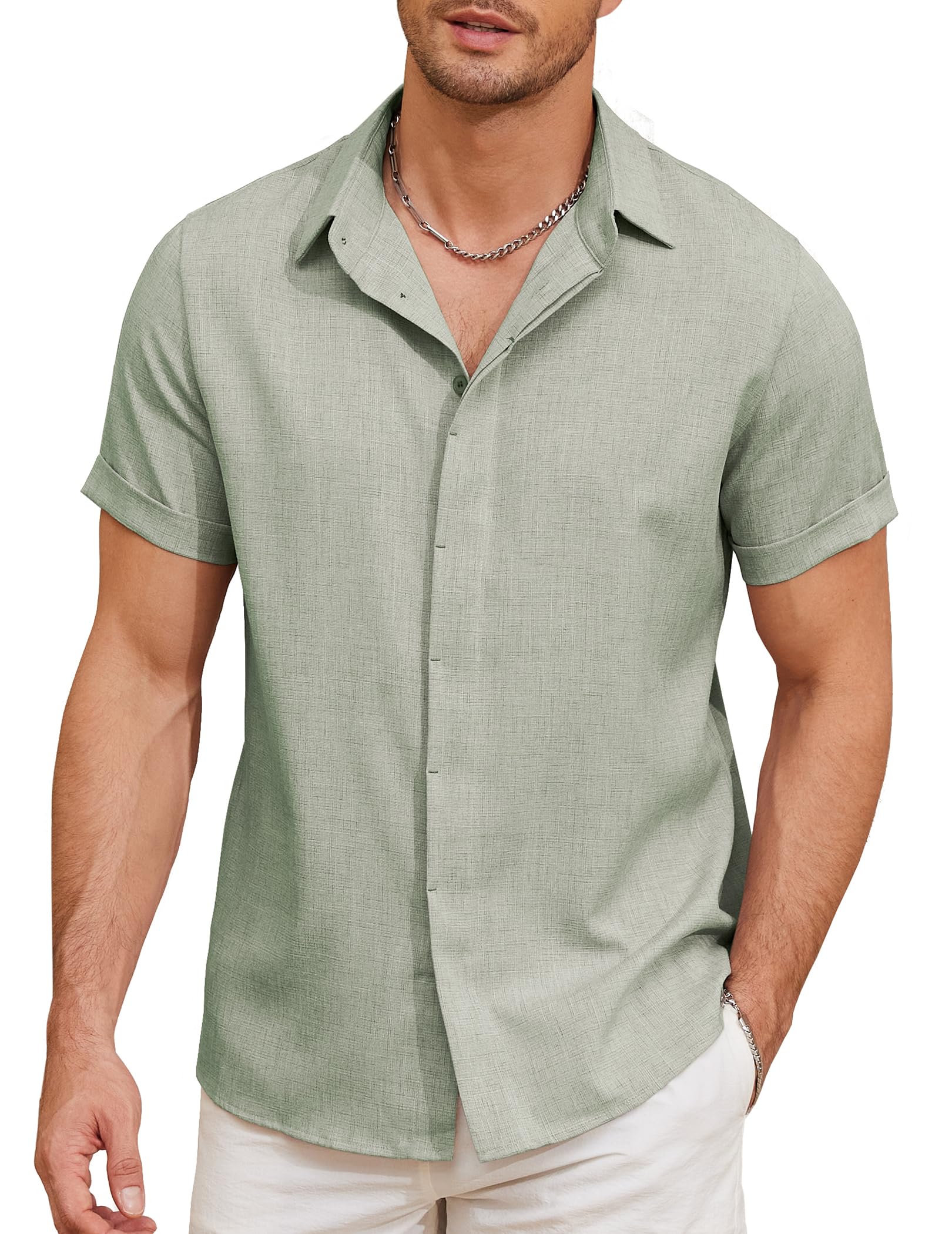 Cqser Linen Shirts for Men Casual Button Down Short Sleeve Shirts Lightweight Cotton Mens Linen Shirt Summer Beach Shirts