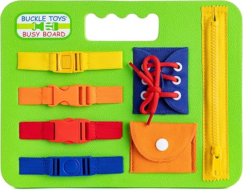 Buckle Toys Juguete de bebé Busy Board, aprende a ajustar, cerrar la cremallera, amarrar los cordones para zapatos y hebilla