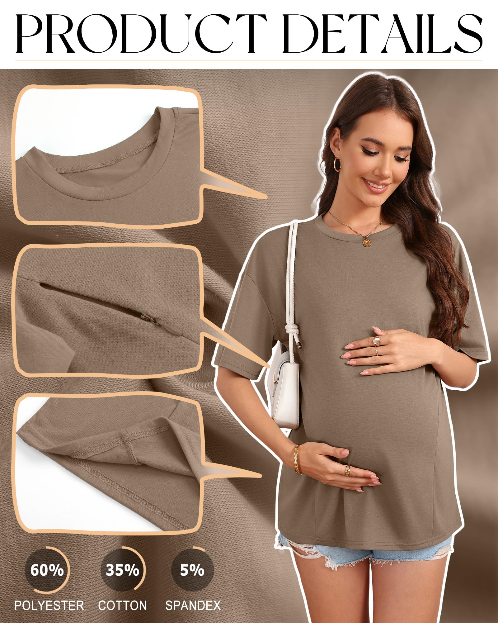Xuniea 3er Pack Bequeme Weiche Umstands-Stillshirts für Damen Oversize Kurzarm Versteckter Reißverschluss Lockere Passform