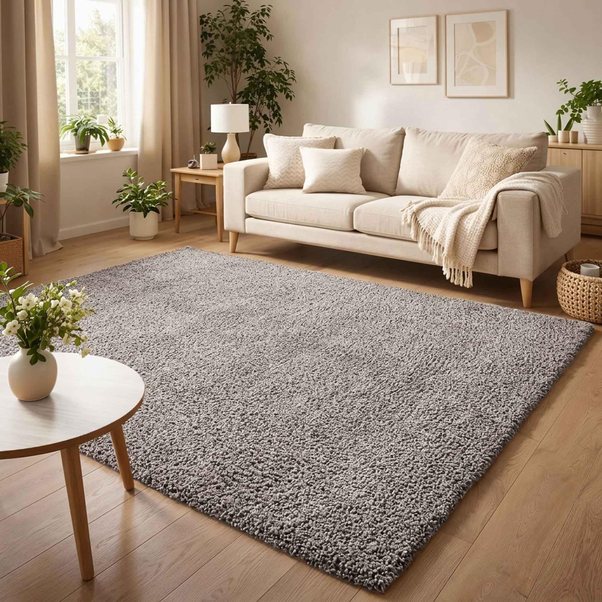 Ainsley Plain Soft Shaggy Modern Living Room Area Rug, Grey, 80x150cm