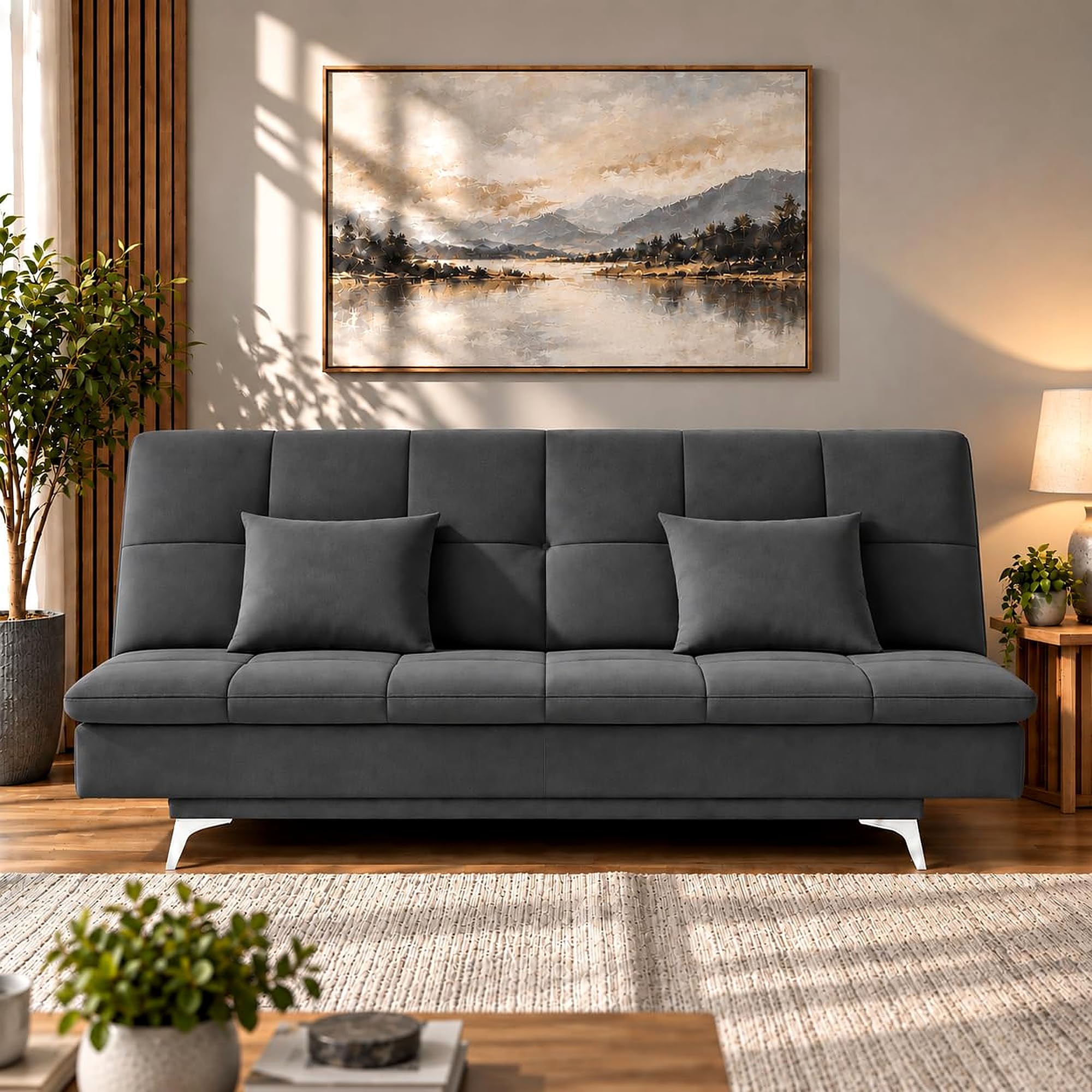Adorn India Premium New Aspen 3 Seater Sofa Cum Bed 4X6 Velvet Suede with 2 Cushions (Color Dark Grey) and Suitable for All Indoor, with 3 Years Warranty — image 1 of 7