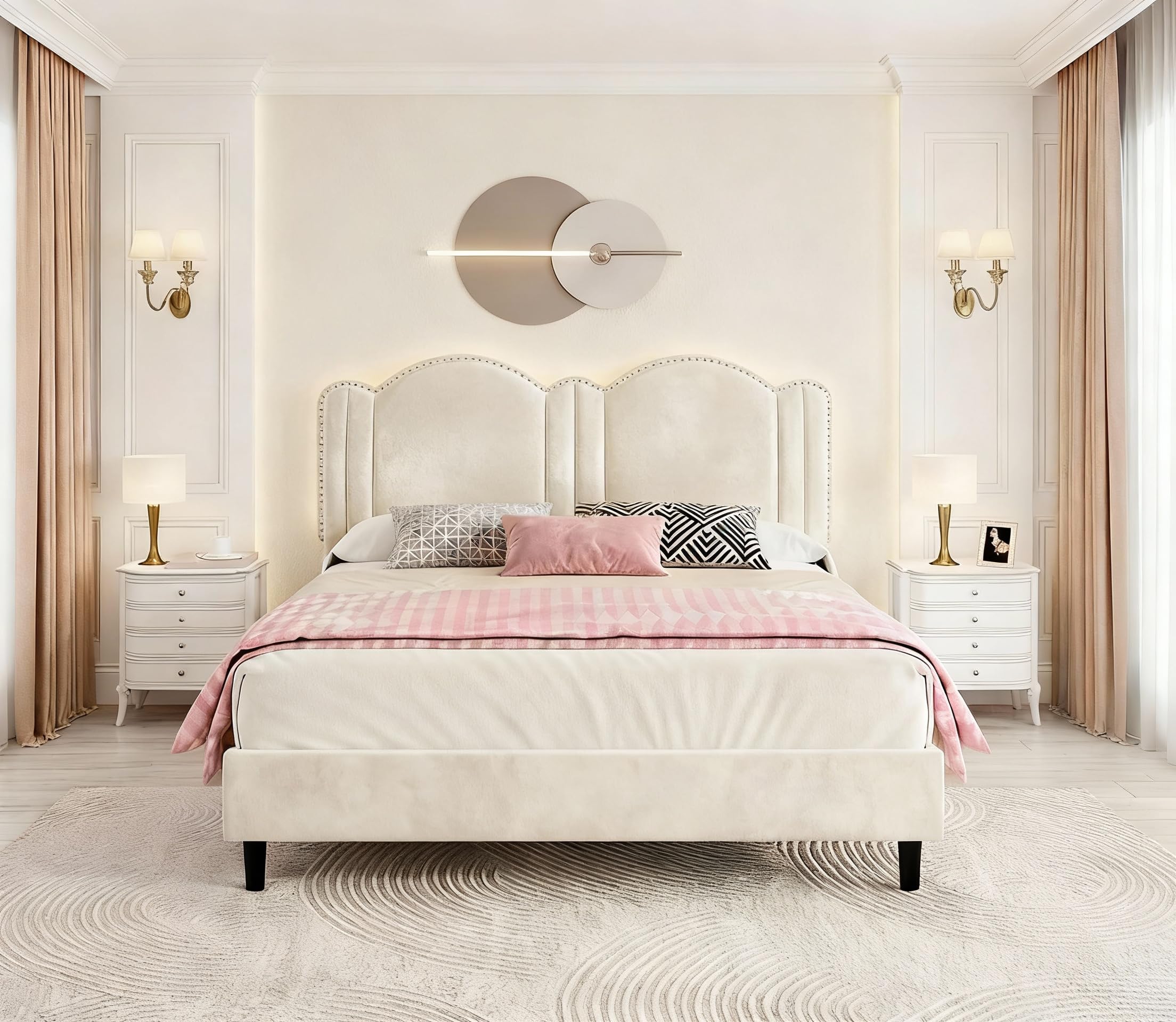 EnHomee Full Bed Frame with Headboard and LED Lights, Velvet Full Size Bed Framewith Wooden Slats, Noise Free, No Box Spring Needed, Beige