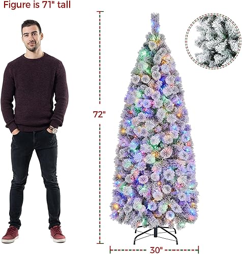 Miniatura 4 de Yaheetech Árbol de Navidad flocado de nieve preiluminado de 6 pies, pino artificial con bisagras de alta calidad con 250 luces LED coloridas y 564