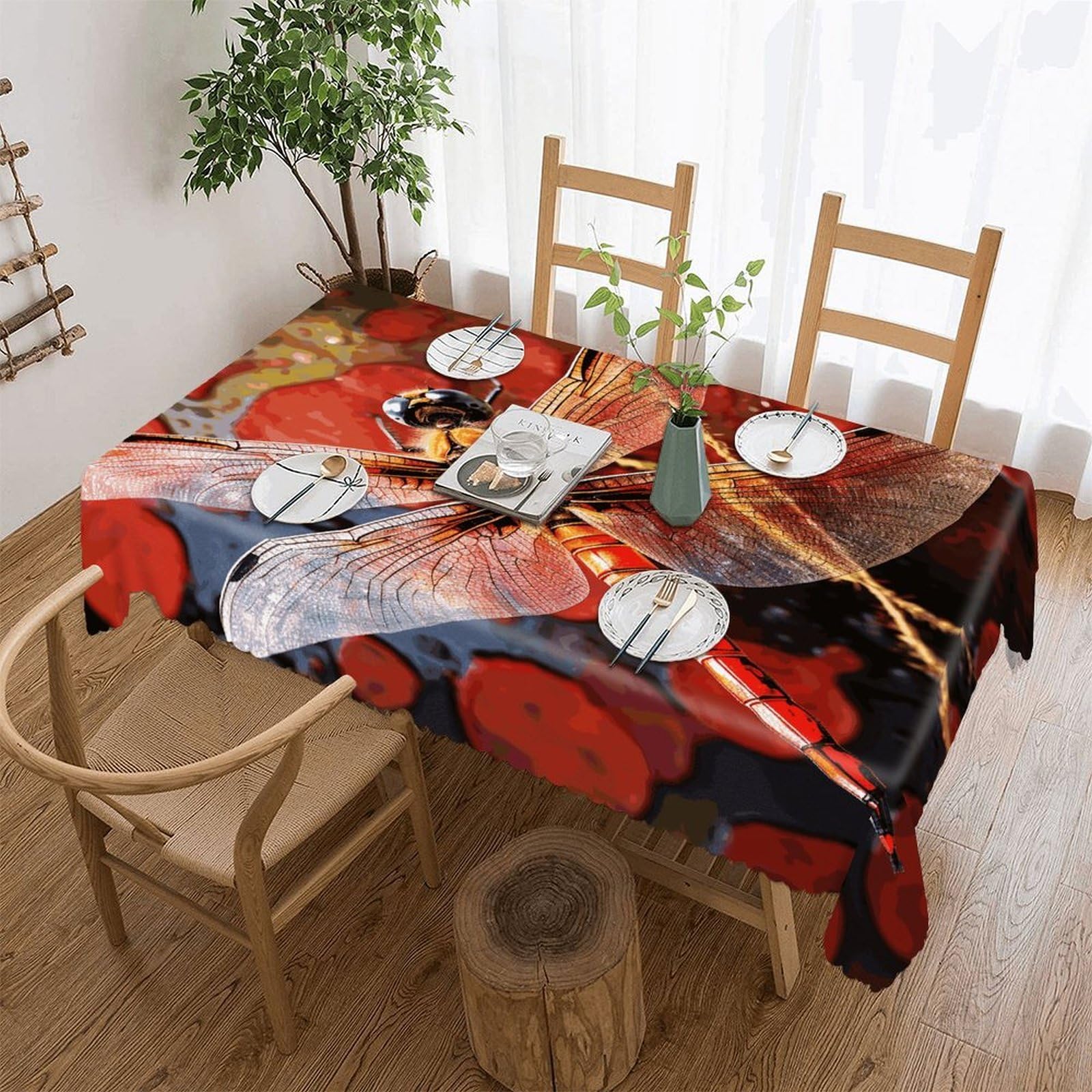 LOKLNEYK Red Dragonfly Tablecloth Rectangle Table Cloth Decorative Fabric Table Cover Waterproof Seasonal Table Cover Wrinkle Resistant Washable Table Cloth for Party Picnic Dinner Decor 60"x86"