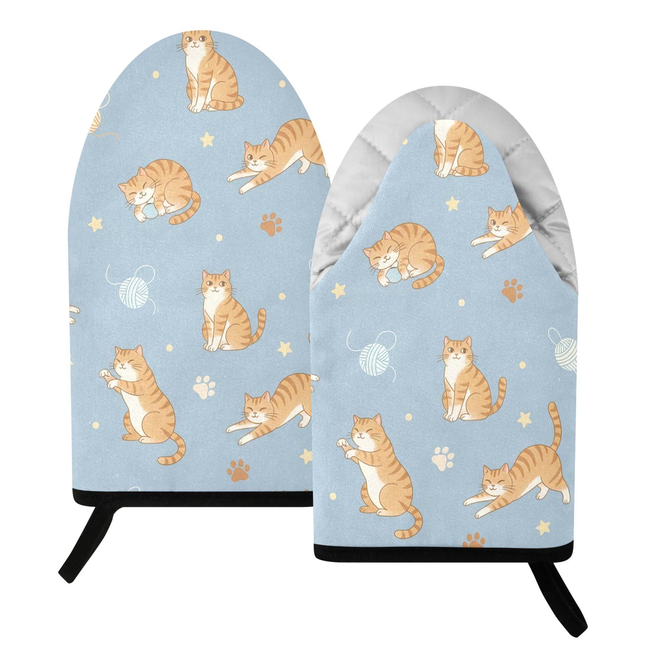 Kutsu Cat Oven Mitts for Kitchen, Heat Resistant Cotton Oven Gloves for BBQ Baking Cooking, Breathable Kitchen Essentials, 2 pcs