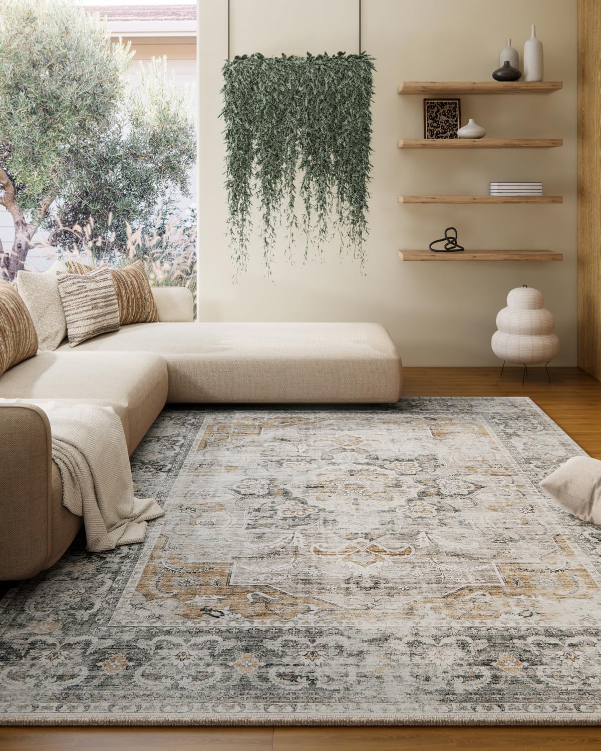 machine washable living room rug: 5x7 area rugs for bedroom non slip low pile soft faux wool non shedding vintage boho carpet rugs for entryway dining room kitchen nursery farmhouse home office indoor