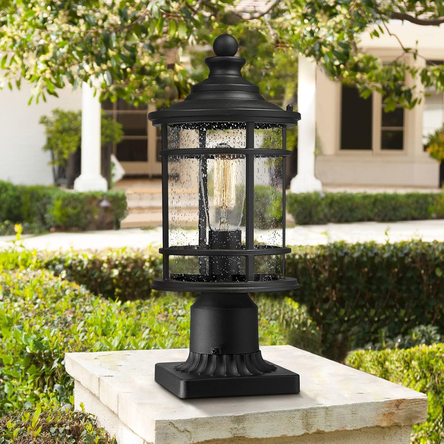 Emliviar Outdoor Post Light 15 Inch Black Seeded Glass