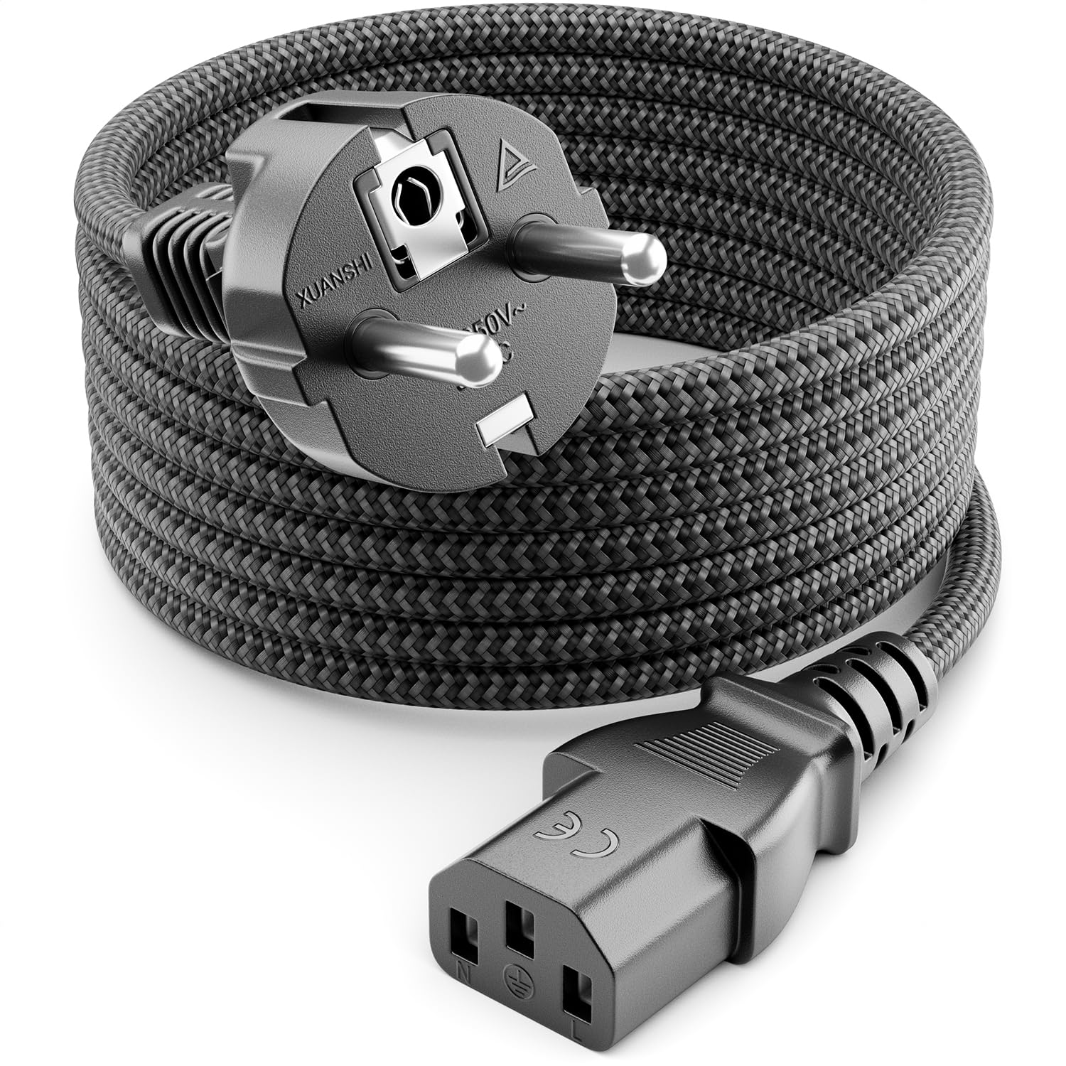 deleyCON 1m Câble Appareil Froid - Câble Nylon - Cordon Alimentation électrique 3 Pôles Fiche Contact Protection (Type F vers Prise C13) PC Ordinateur Moniteur Imprimante Projecteur - Gris - 1