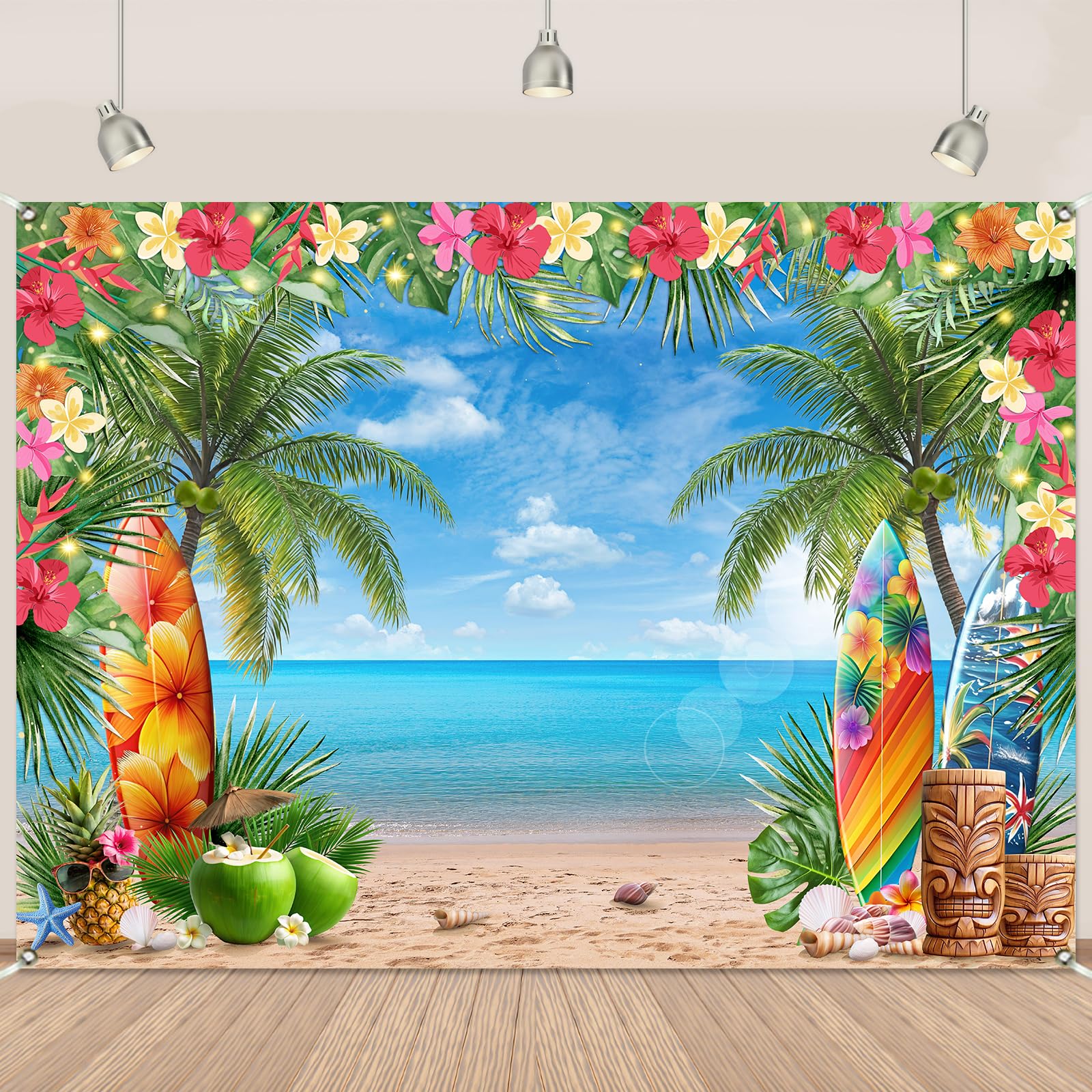 Summer Hawaiian Beach Backdrop 7x5Ft Tropical Flower Luau Backdrops for Photoshoot Coconut Tree Blue Ocean Surfboard Background for Luau Aloha