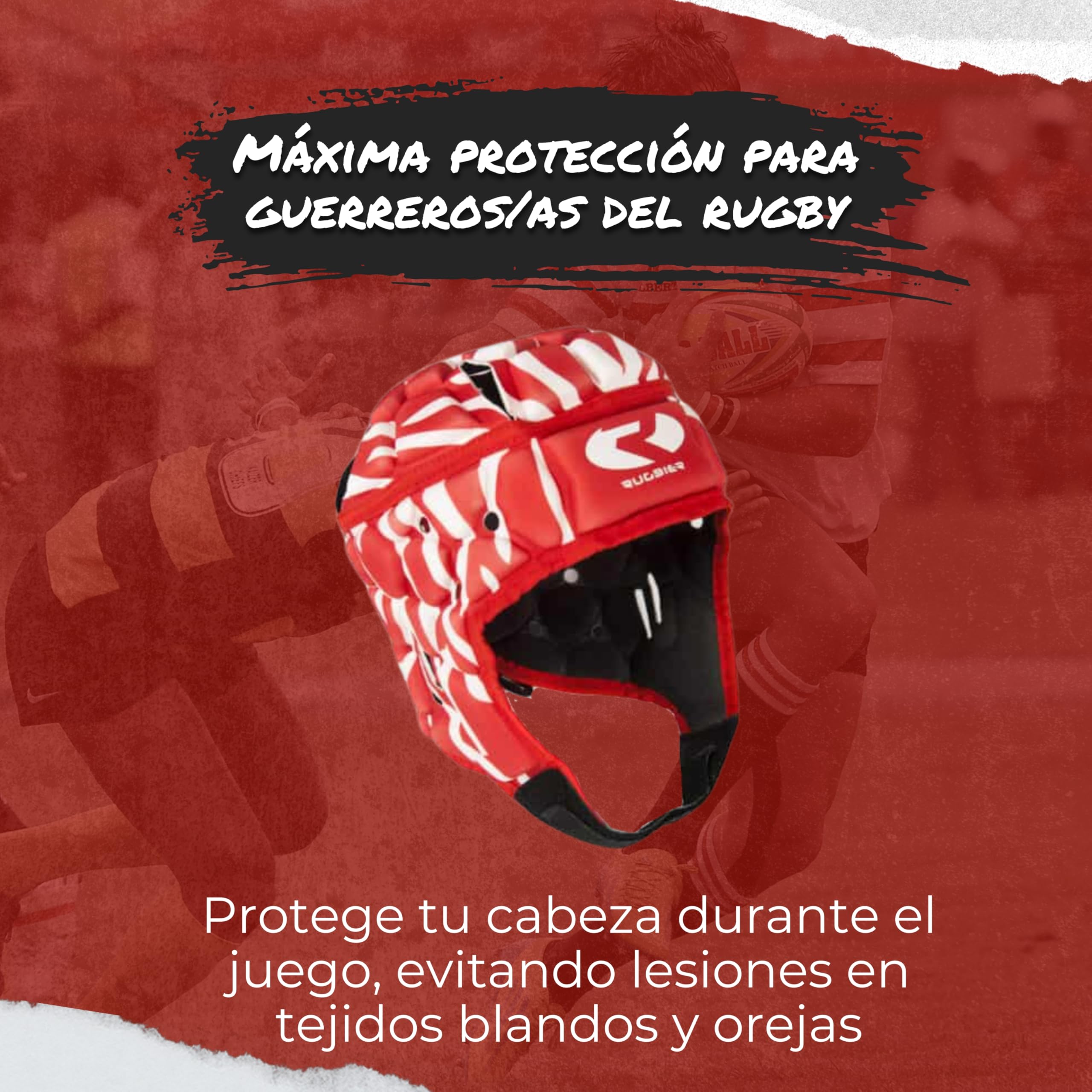 Casco de Rugby Profesional Air-Pro - Adultos y Jóvenes Unisex - Ajustable - Protector de Cabeza Acolchado - Modelo Tiger Rojo-Blanco