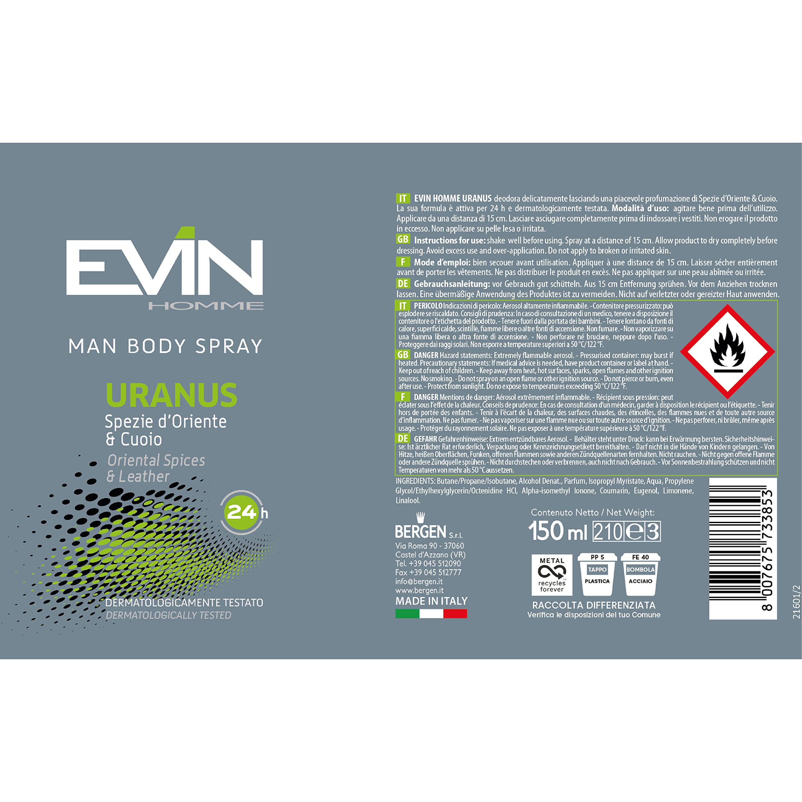 EVIN HOMME | 24 Deodoranti Uomo Spray, Fragranza Spezie d'Oriente e Cuoio, Durata 24h, 150 ml
