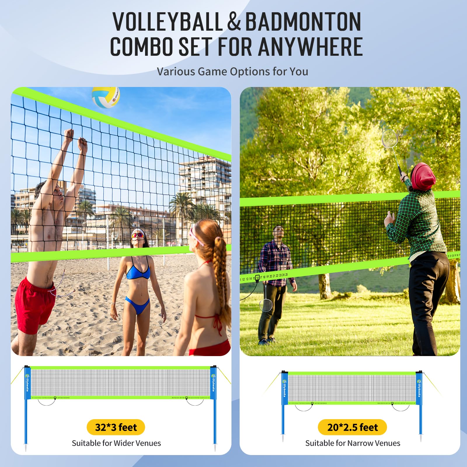 Tragbares Volleyball- und Badminton-Netz-Set für Hinterhof, Strand, mit 2 Netzen (6 m und 9,8 m), verstellbaren Stangen, PU-Volleyball, Aluminiumschläger und Tragetasche, schneller Aufbau und