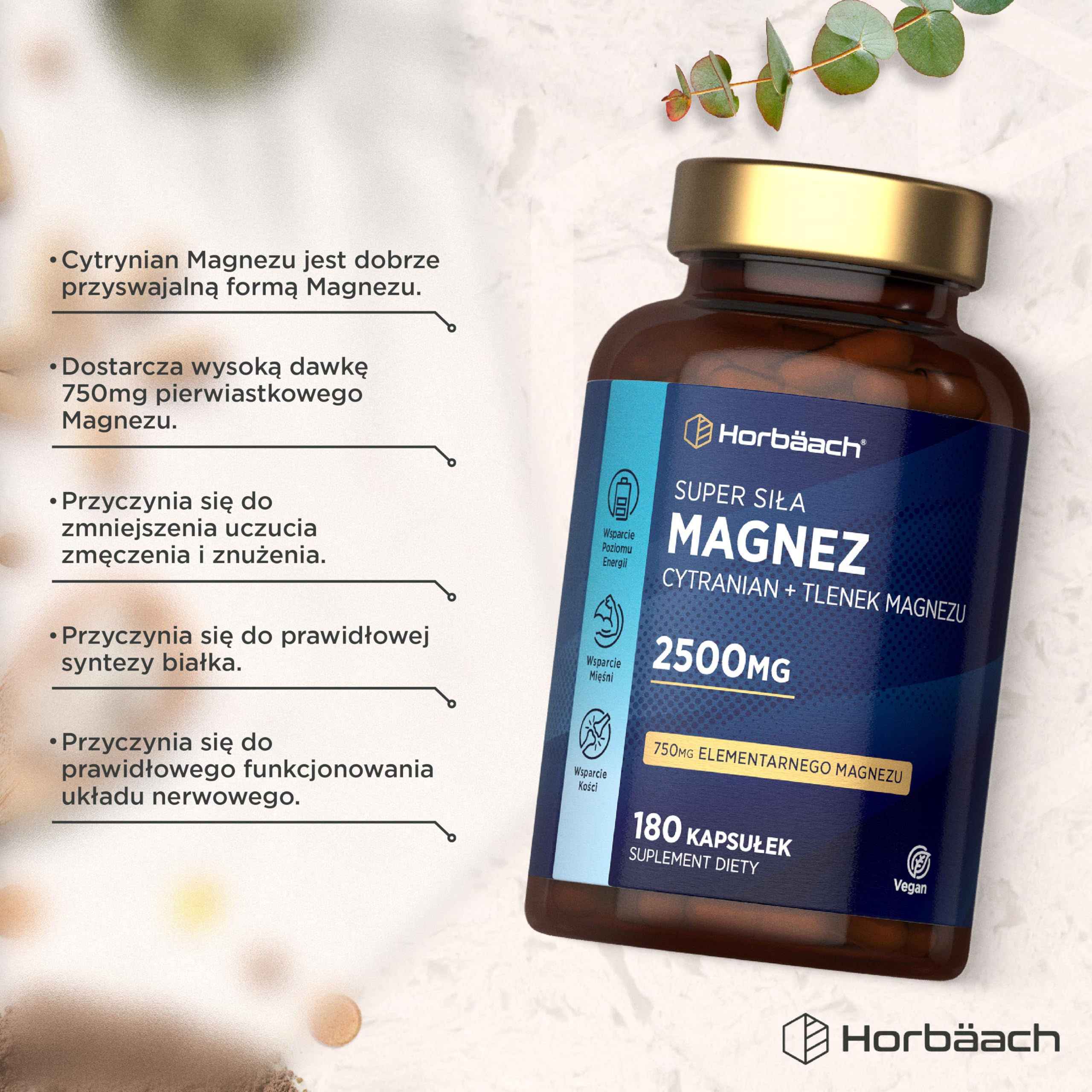 Cytranian Magnezu 2500 mg | Wysoka Dawka 750 mg Czystego Magnezu (Magnez Elementarny) | Cytryniany i Tlenki | 180 Kapsułek Wegańskich - Zapas na 2 Miesiące | marki Horbaach