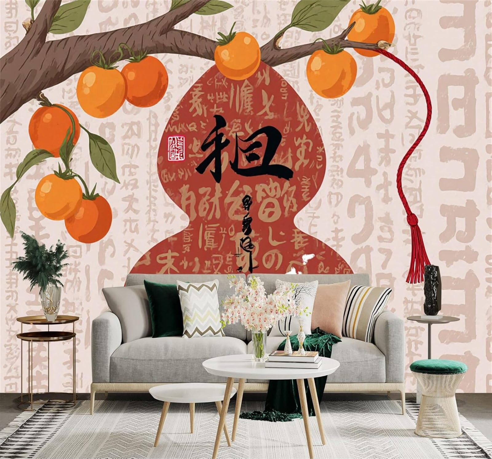 XLMING Branches Fruit Calligraphy Patterns Abstract Red Gourd 3D Wallpaper Silky Texture Home Study Office Grey Dining Room Sofa Bedroom Living Room TV Backdrop-150cm×105cm