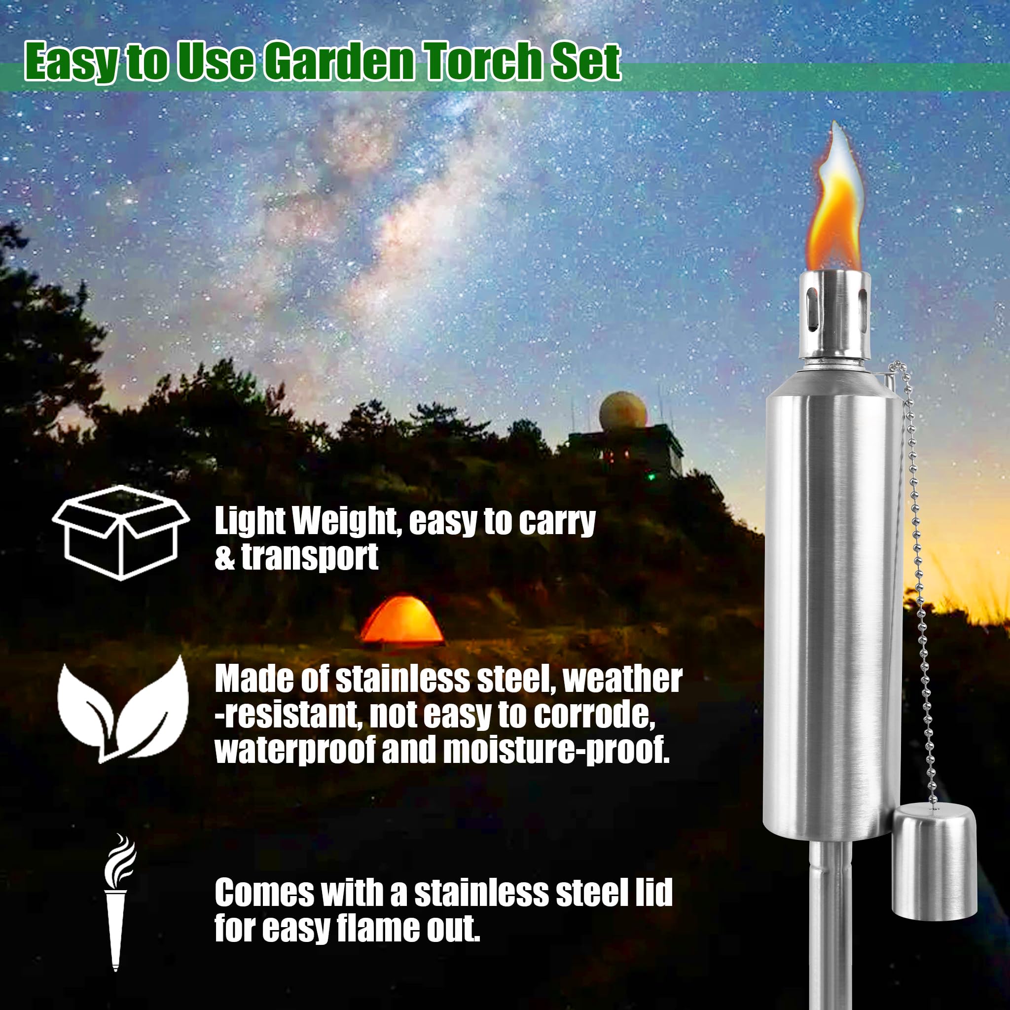 Edelstahl Gartenfackeln Öllampen Set Garten Fackeln für Draußen | Wanderung Handfackel mit 330ml Edelstahlbehälter, Dochte & Höhenverstellbar 55-115cm Griff, Öl Laternen Outdoor (6 Stück)
