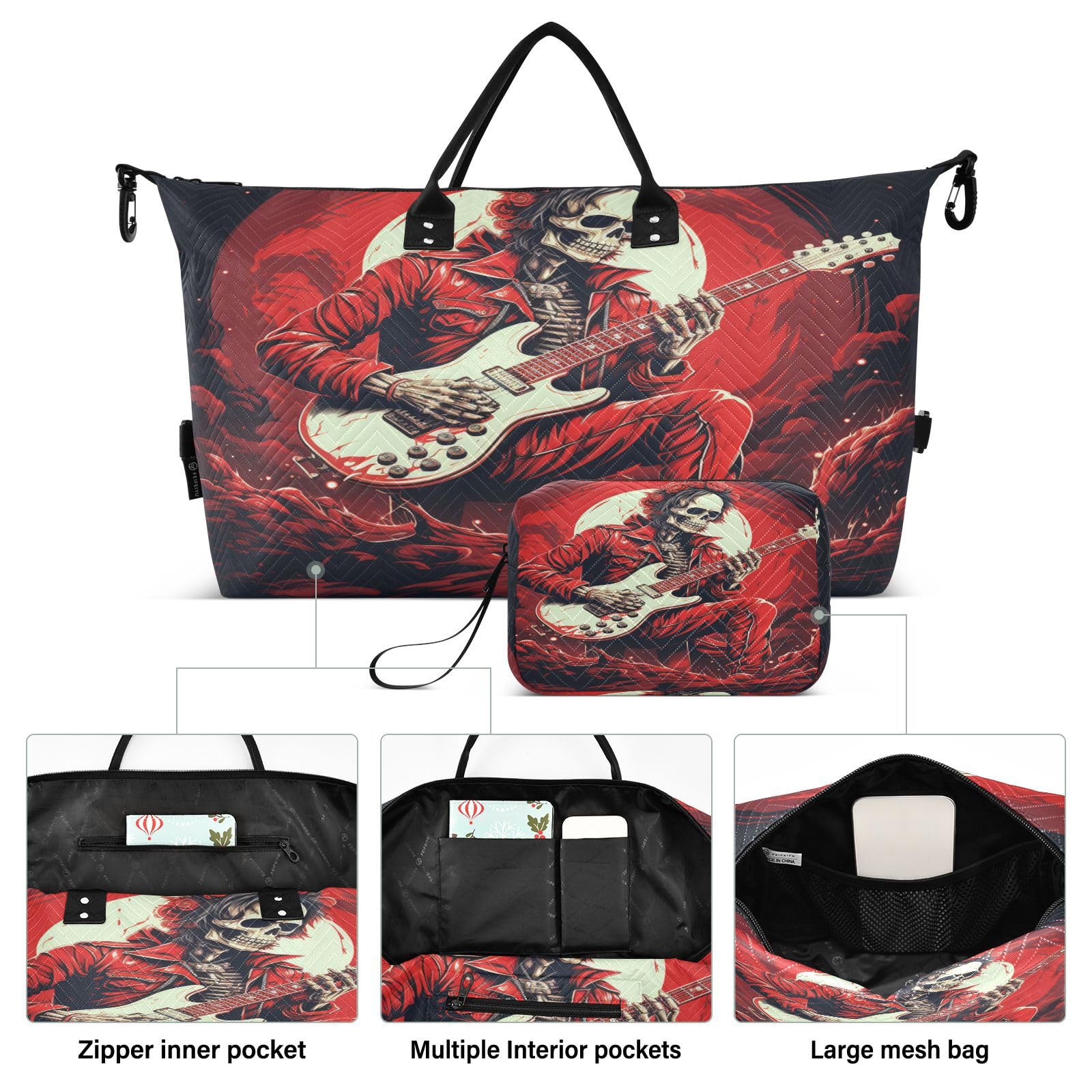 Cool Music Skull Sports Swim Gym Bag Weekender Duffel Travel Bags Handbag with Makeup Storage Bag for Girls Men