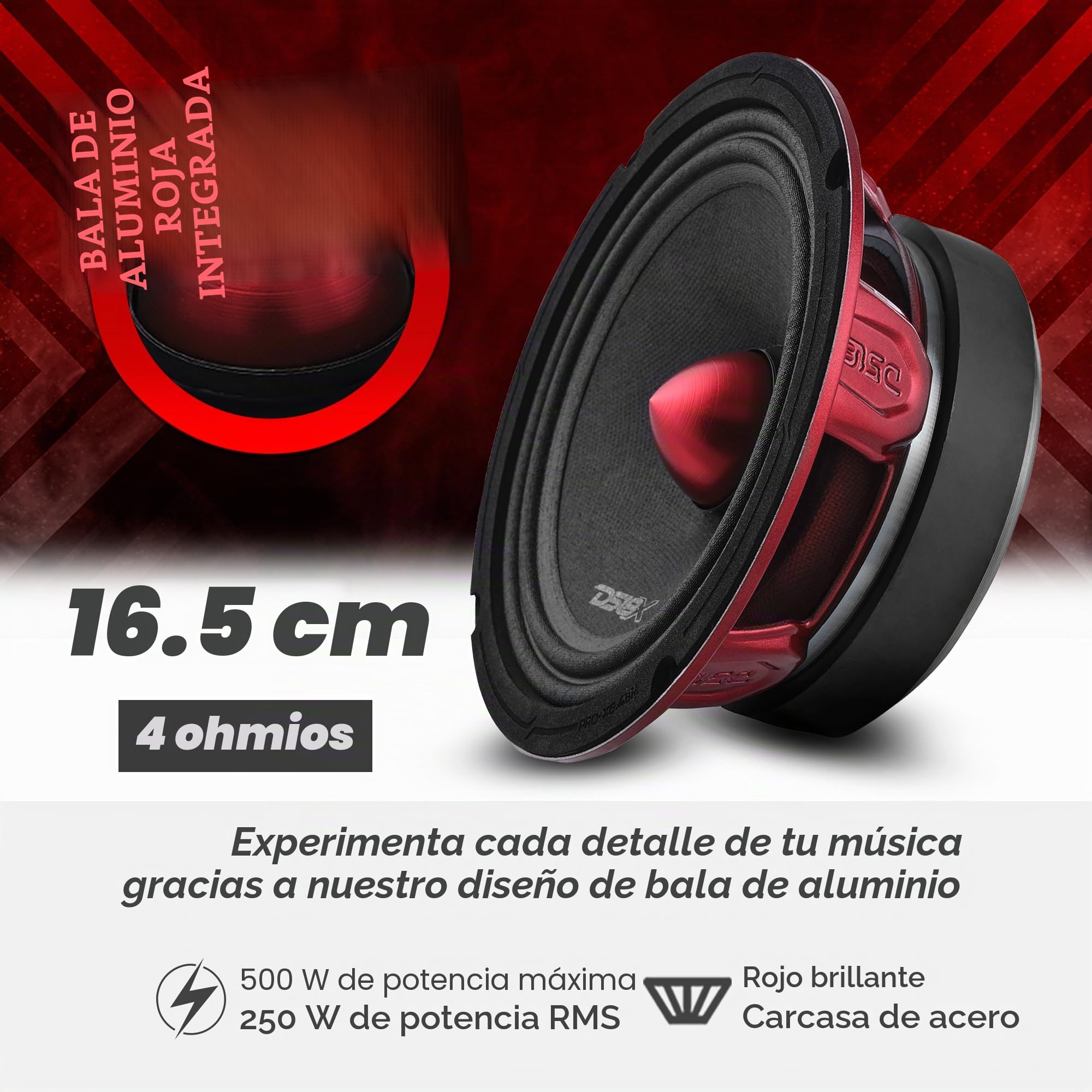 DS18 Pro-X6.4BM Altavoz de Rango Medio de 16,51 cm, Tipo Bala, 250 vatios RMS, Potencia máxima de 500 vatios, 4 ohmios, para construcciones de Audio Profesionales