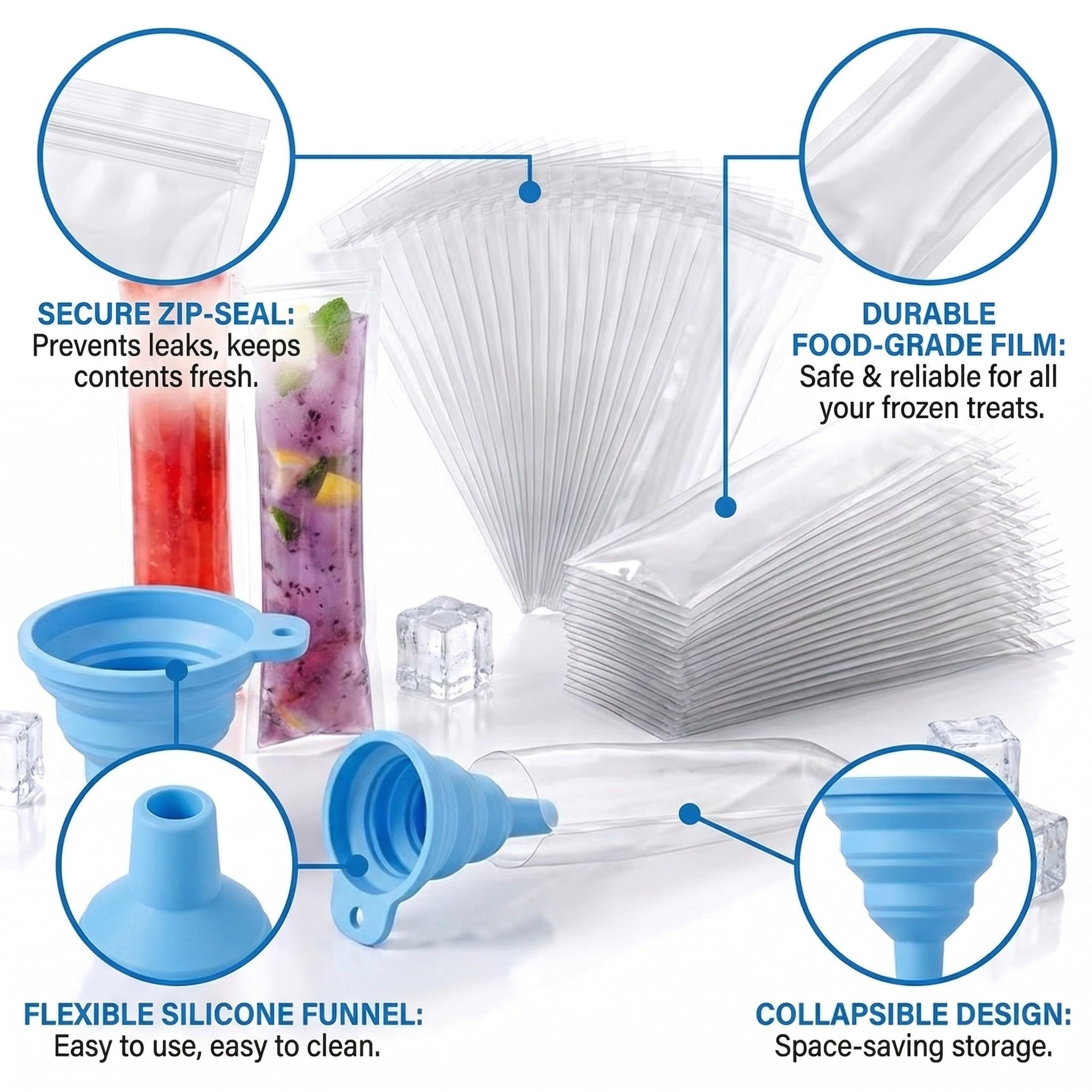 50 Bolsas Reutilizables para Helados Caseros con Embudo, Moldes para Polos de Jugo, Yogur, Smoothies y Helados (5.5x27.5cm)