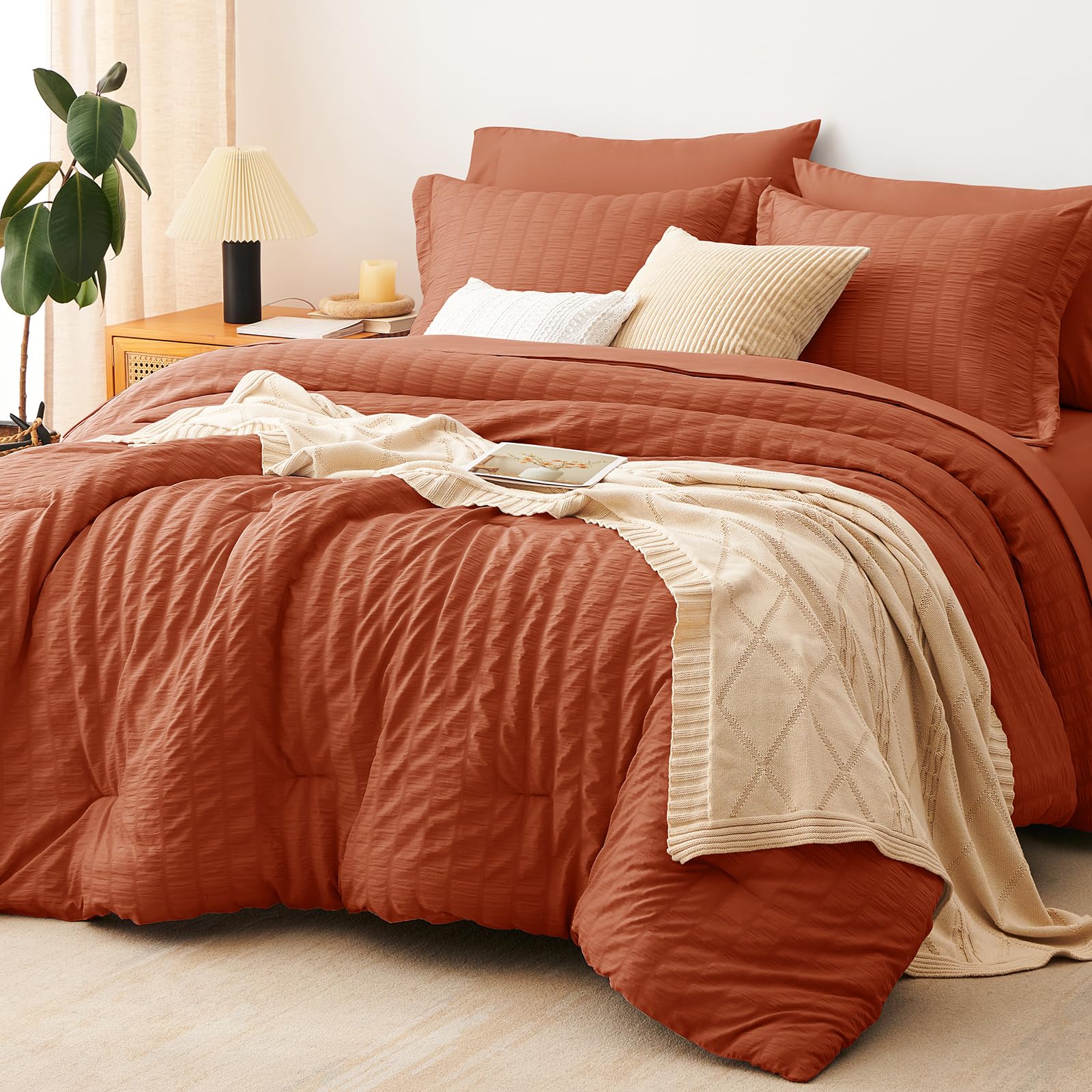 CozyLux Queen Seersucker Comforter Set with Burnt Orange Bed in a Bag 7-Piece All Season Bedding Set with Comforter, Pillow Sham, Flat Sheet, Fitted Sheet, Pillowcase