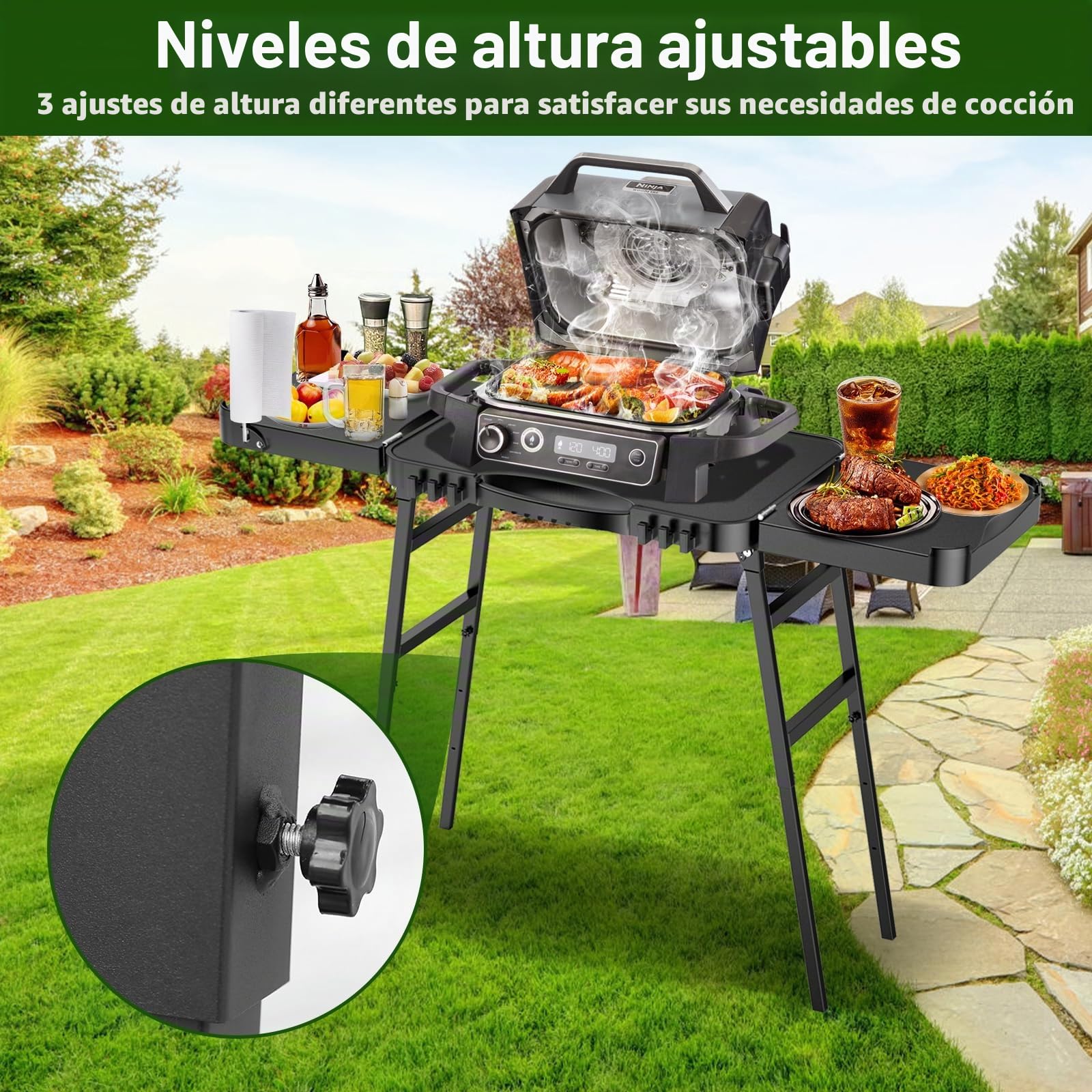 GFTIME Carro de barbacoa portátil universal para Enders Urban, Weber Q100/Q200/Q300, Ninja Woodfire, Burnhard Wayne – Soporte plegable para barbacoa al aire libre con gran superficie de trabajo y