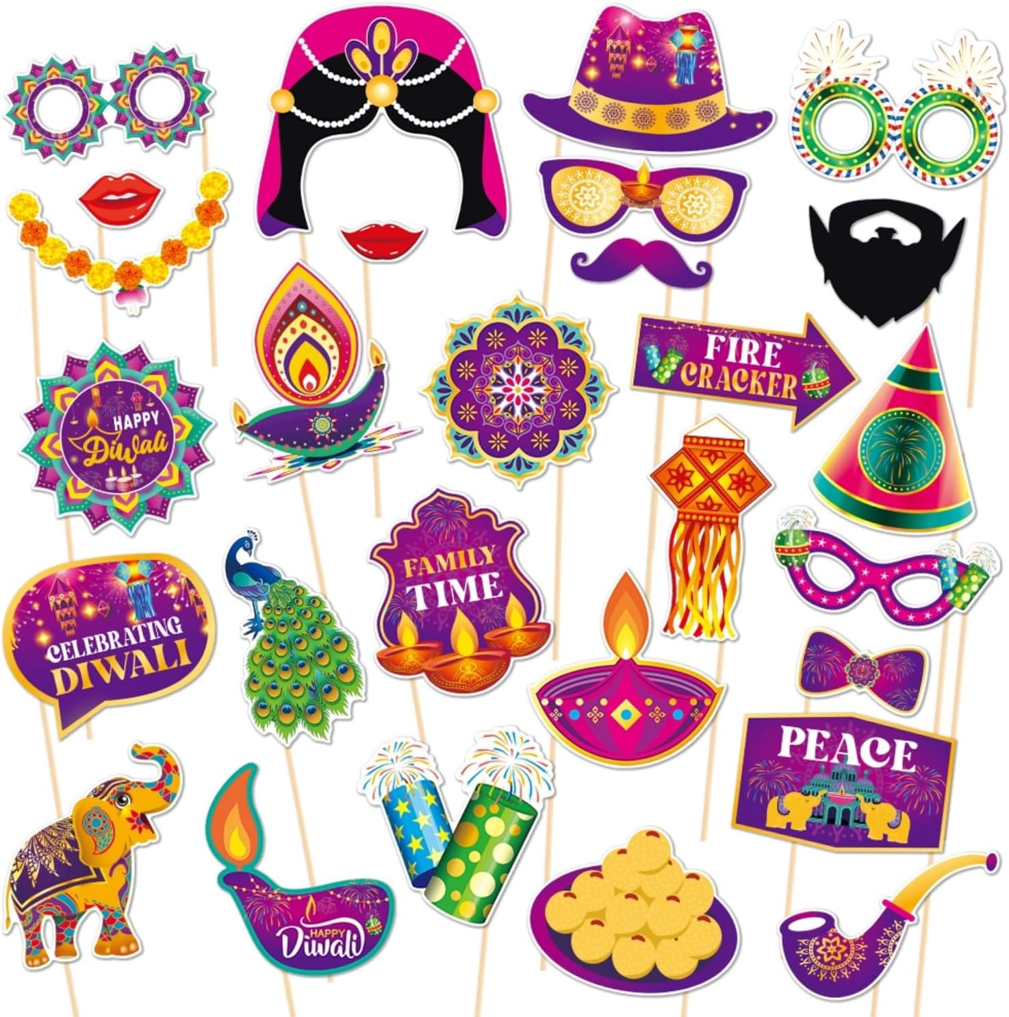 KYMY Happy Diwali Photo Booth Props Set, 28pcs Deepavali Rangoli Themed Selfie Party Favors, Festival of Lights Photoshoot Props for Indian Hindu Diwali Party Decorations & Accessories Purple