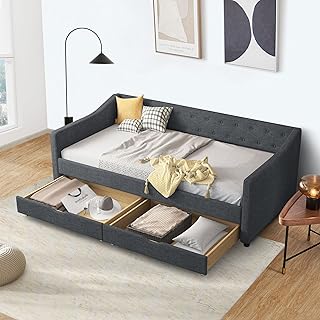 Twin Size Upholstered Daybed with Two Storage Drawers,Tufted Sofa Bed w/...