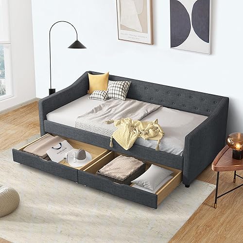 Twin Size Upholstered Daybed with Two Storage Drawers,Tufted Sofa Bed w/Button on Back and Piping on Waved Shape Arms for Bedroom Guest Room, No Box Spring Needed,Dark Grey
