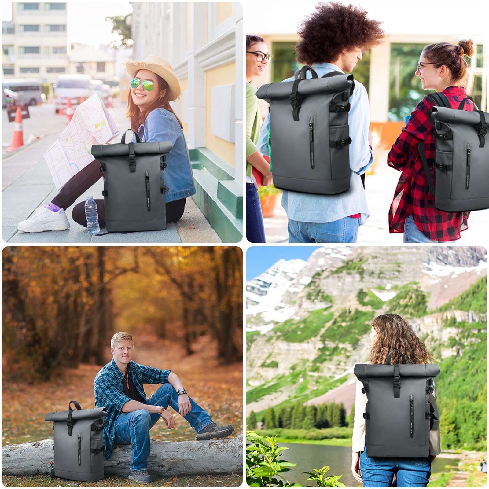 hk Mochila Enrollable Mochilas Roll Top Hombre y Mujer Impermeable | con puerto USB para Portátil 15.6 Pulgadas Antirrobo Grande 23L para Viaje Camping Ciclismo Escuela y Deporte