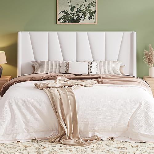 Miniatura 15 de Allewie Base de cama de plataforma tamaño Queen con cabecera geométrica con respaldo de alas, cama tapizada bohemia con soporte de listones de