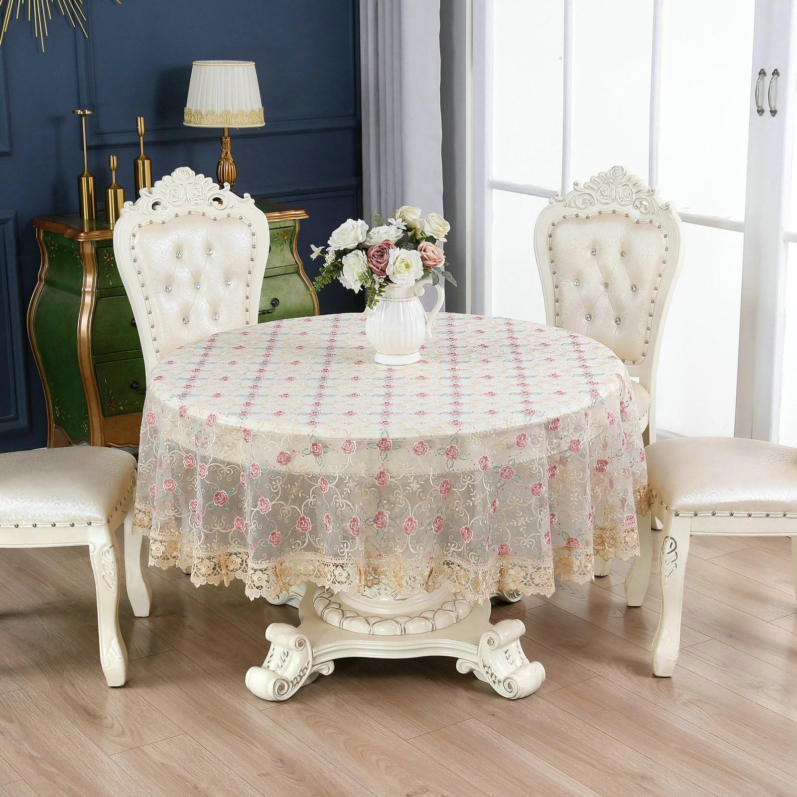 Gualiy Obrus z poliestru, okrągły, 150 cm, obrus z koronką, haft kwiatowy