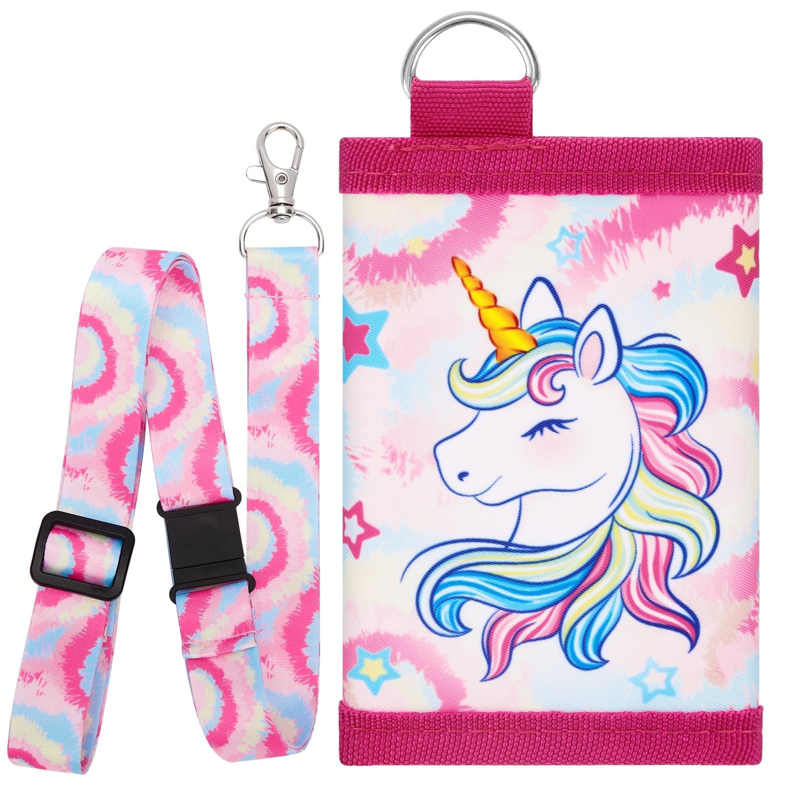 WAWSAM Unicorn Kids Wallet for Girls, Trifold Velcro Wallet for Kids Teen Ages 4-12, Toddler/Youth Wallet with Zippered Coin Pocket and Card Holders Lanyard, Christmas Birthday Gift for Girls Kids