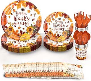 Hywestger Thanksgiving Autumn Tableware Set, 150 PCS Thanksgiving Plates and Napkins with Fall Leaves Pumpkin Disposable Party Supplies for Fall Thanksgiving Dinner Party Decorations, Serves 25