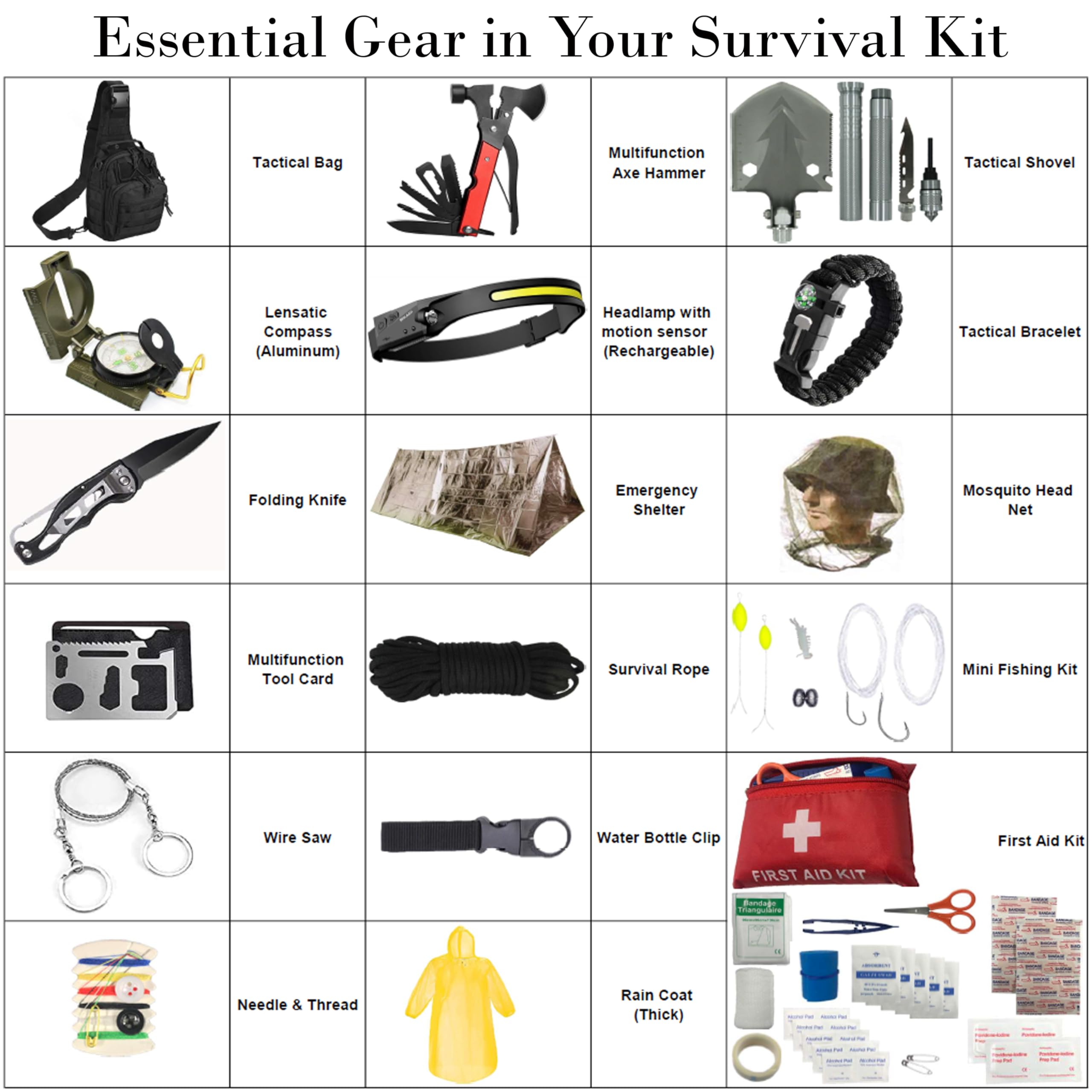 Survival Kit Emergency Supplies -75 Pcs 18-in-1 Survival Gear - Erste Hilfe, Kompass, Stirnlampe, Schaufel, Axt, Feuerstarter & mehr für Outdoor Camping, Wandern & Survival Geschenk für Männer Freunde