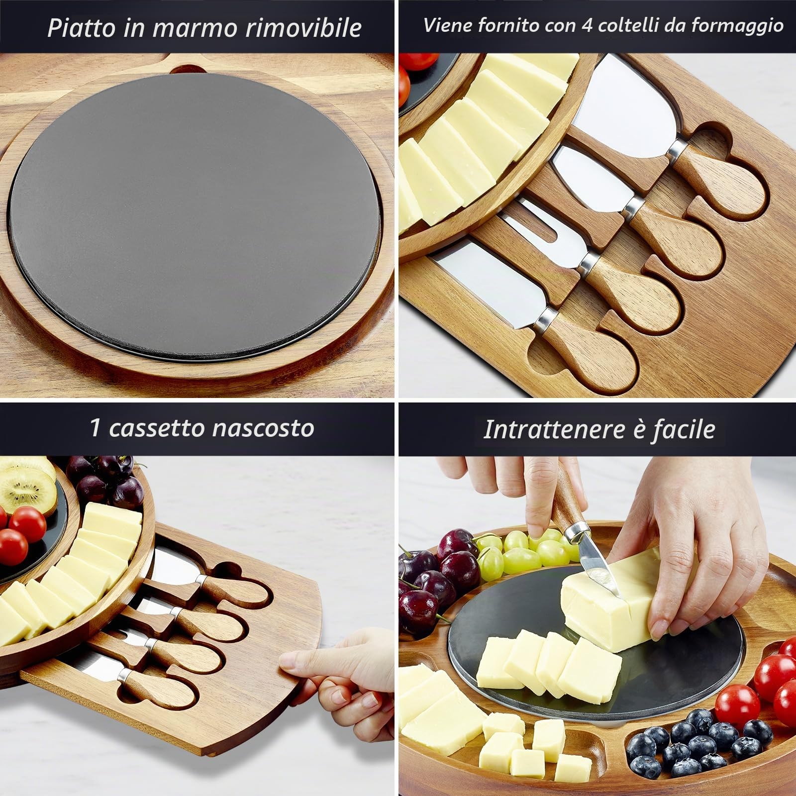 RAXCO Set regalo con tagliere per formaggi in legno di acacia con piatto in ardesia, tagliere rotondo da 32 cm con cassetto nascosto e 4 coltelli da formaggio specializzati