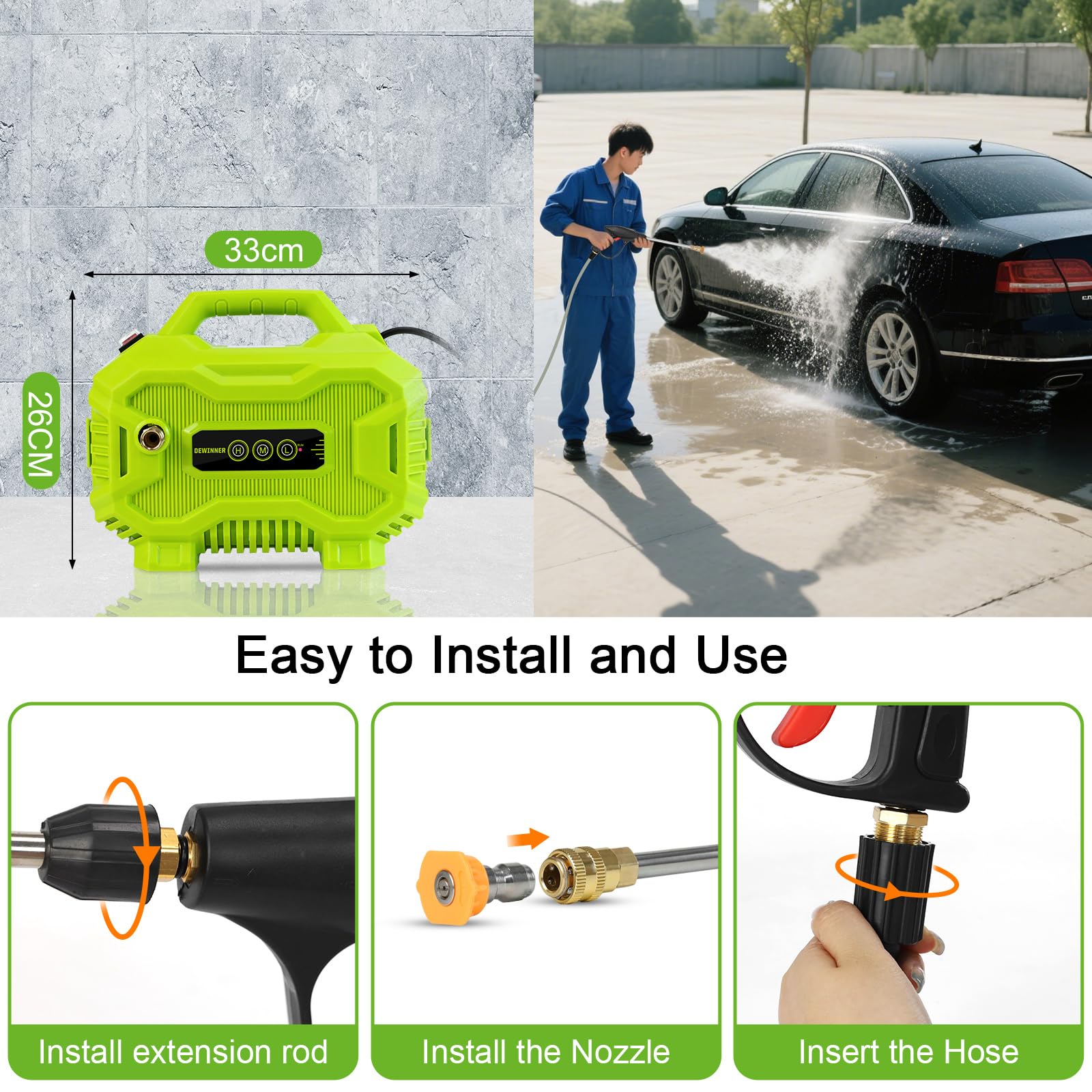 DEWINNER 130Bar Hidrolimpiadora Portatil, 1200W Mini Portátil Hidrolimpiadora, Ajuste de 3 velocidades con 4 boquillas, Manguera de 8 Metros y pulverizador de Espuma para la Limpieza de Balcones | Mini, ajuste de 3 velocidades, 4 boquillas, manguera de 8