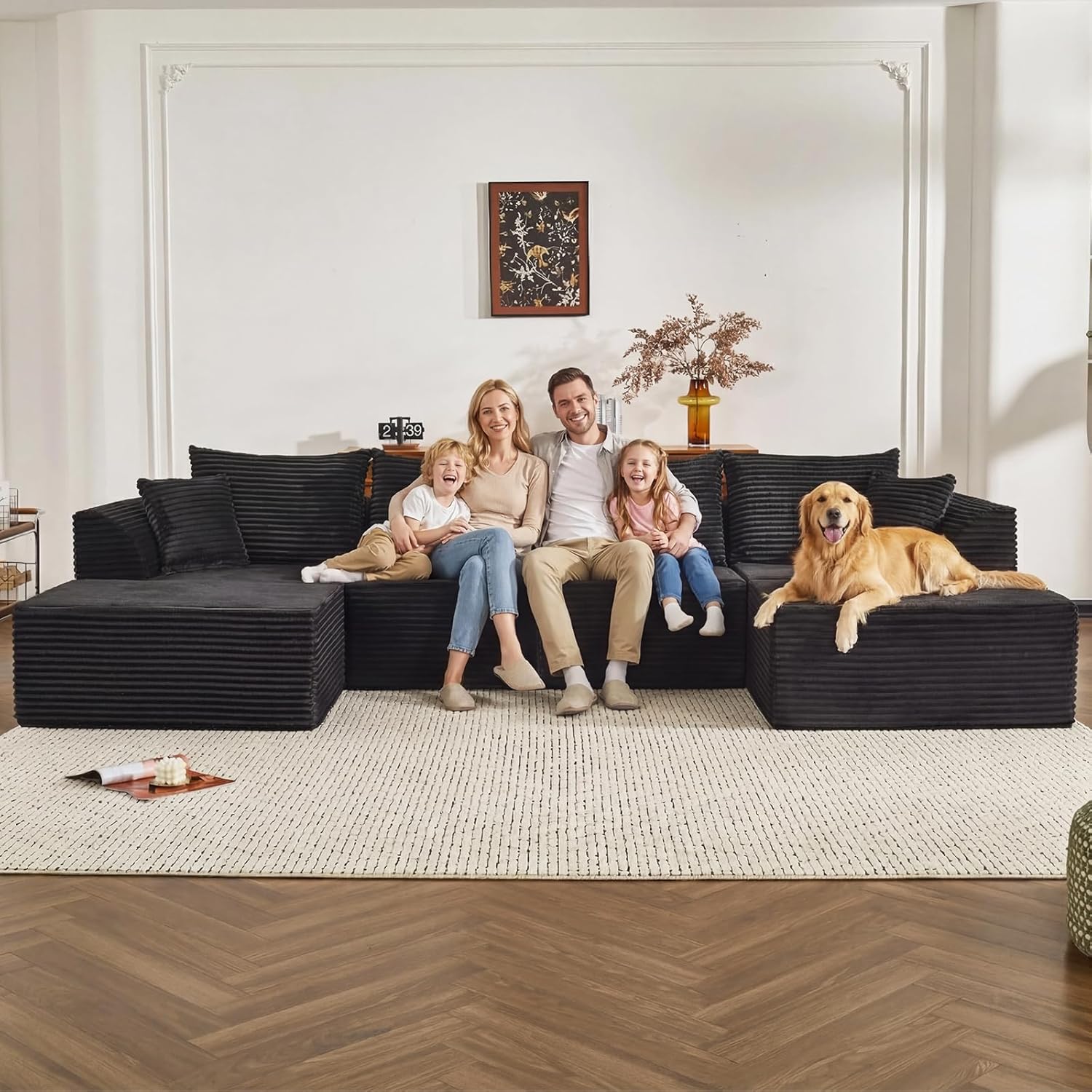 130" Sectional Couches for Living Room，U Shaped Cloud Couch Modular Sectional Sofa ，Modern Fabric Boneless Couch with Deep Seat，6 Seater Corduroy Couches, No Assembly Required