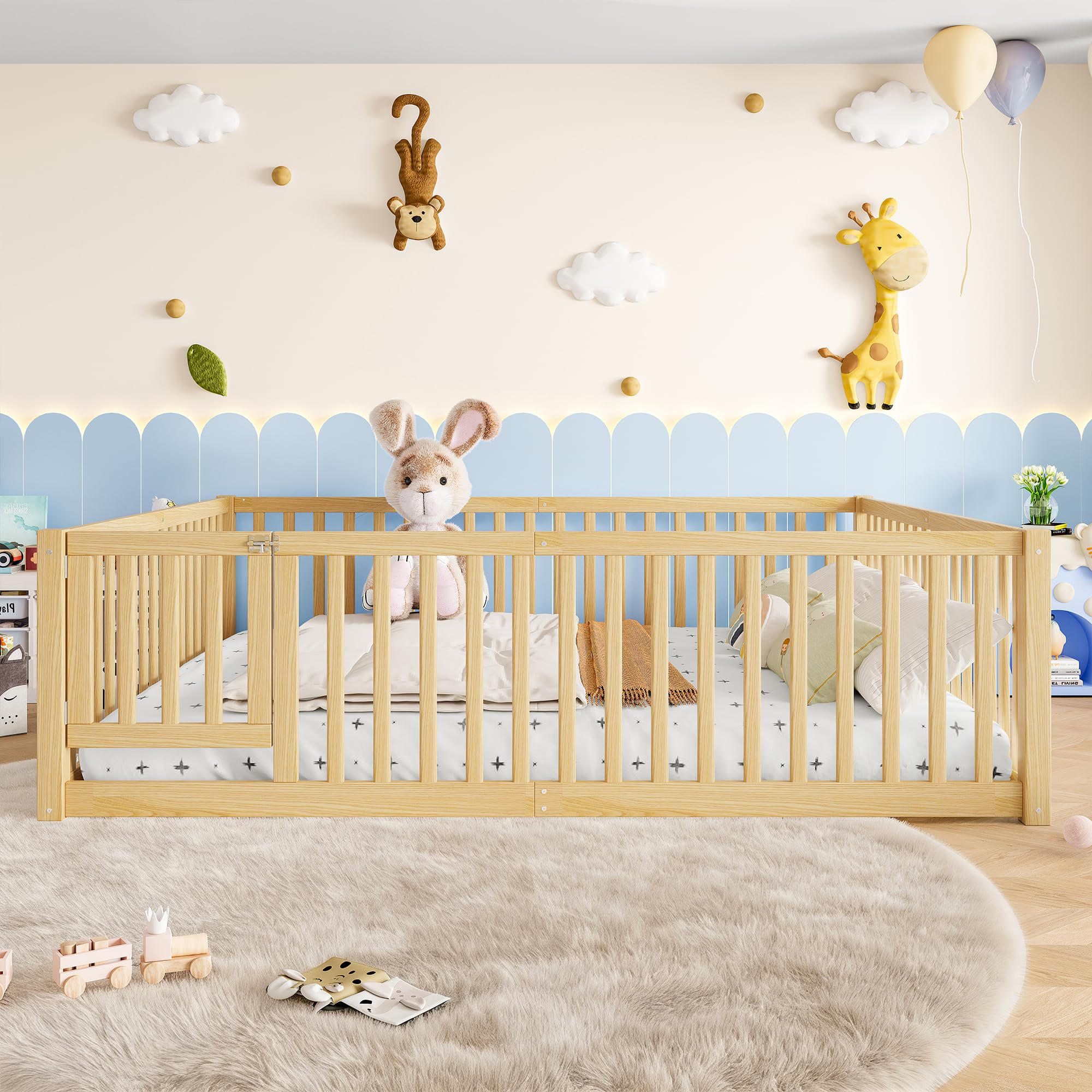 Bellemave Queen Kids Montessori Floor Bed with Door and High Fence,Natural
