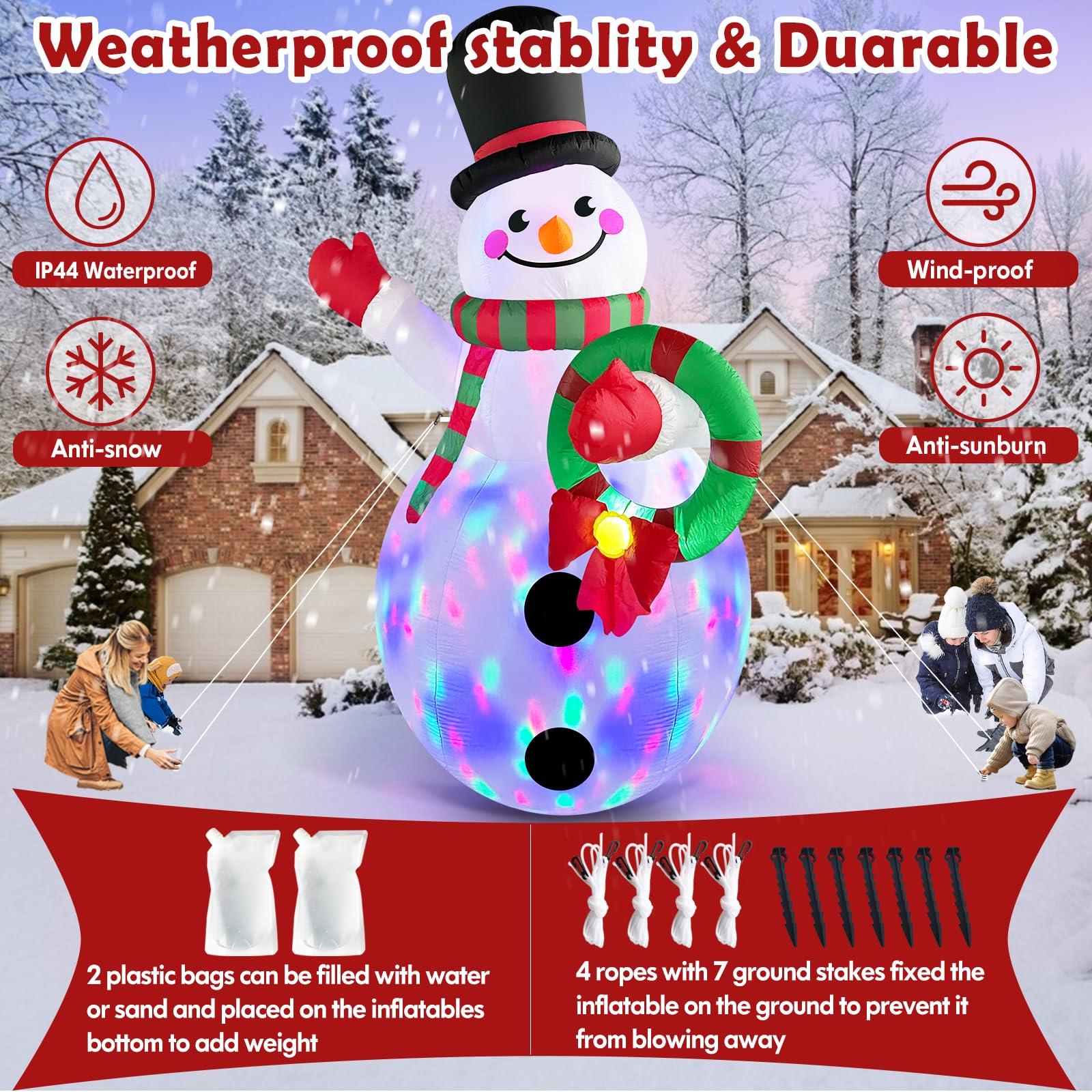Danxilu Grand bonhomme de neige gonflable de 3,7 m avec guirlande, bonhomme de neige géant gonflable, lumières LED rotatives intégrées pour Noël, extérieur, jardin, cour, fête de vacances