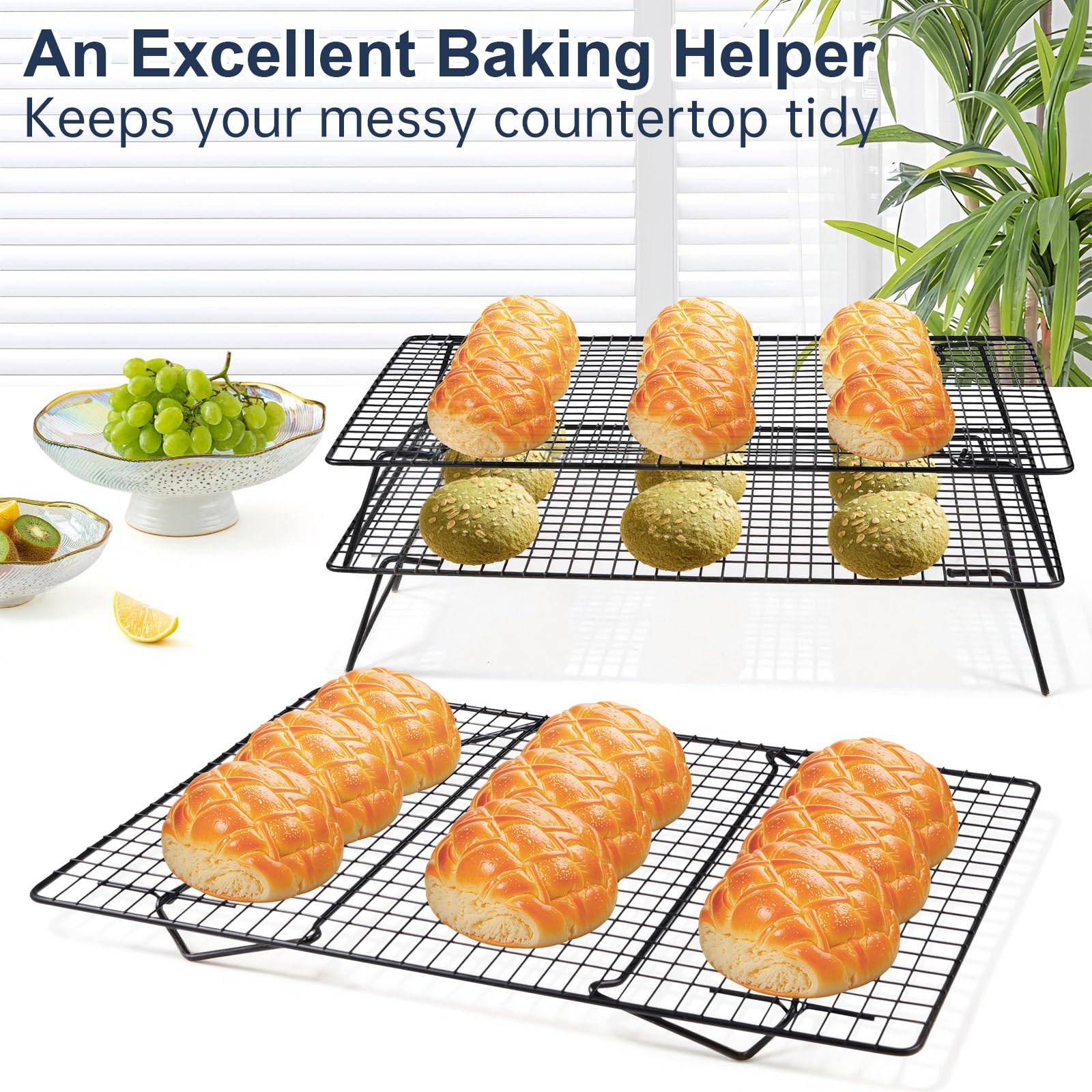 Lifhety 3 Tier Cooling Rack Large, 42.5x27.7cm Stackable Cake Cooling Rack for Baking Collapsible Oven Wire Rack - Image 3