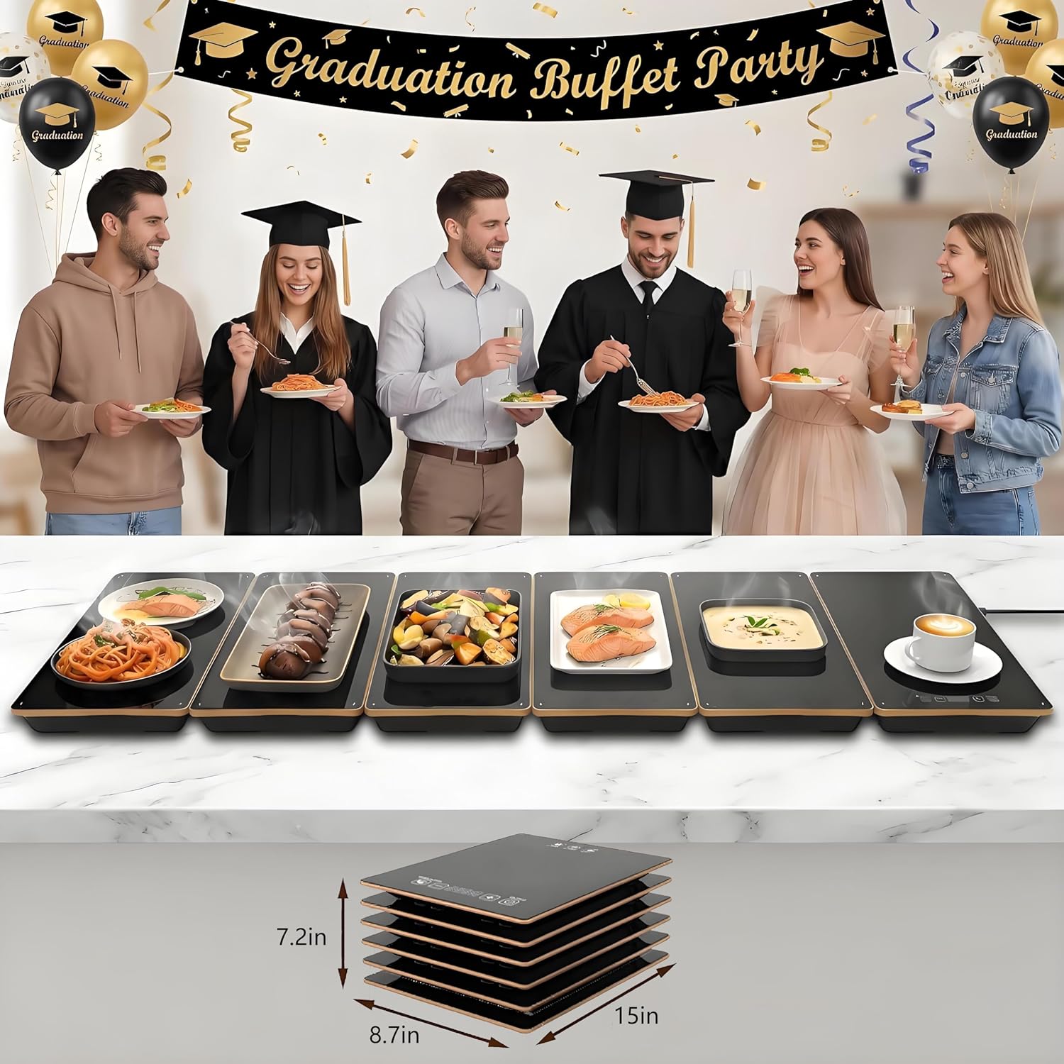 Food Warming Mat, 6-in-1 Electric Warming Tray,52 "x15 inch Large Heating Plate ，Ultra Thin Working Tempered Glass Panel for Keeping Food Hot, Portable Warmer for Parties Holiday Dinners
