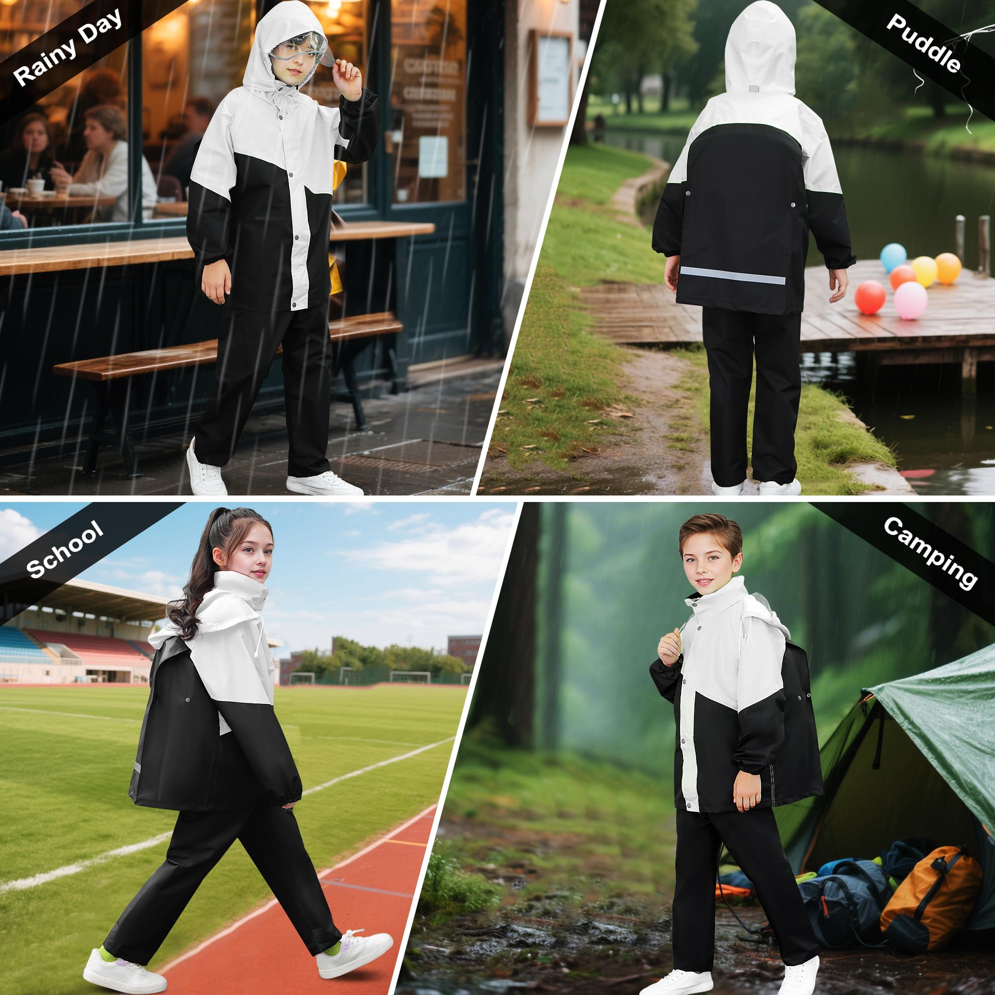 Tuta Impermeabile Ragazze Ragazzi, Leggero Antipioggia Giacca con Cappuccio e Pantaloni Set, Unisex Bambini Impermeabili Tute Pioggia con Strisce Riflettenti per 8-14 anni