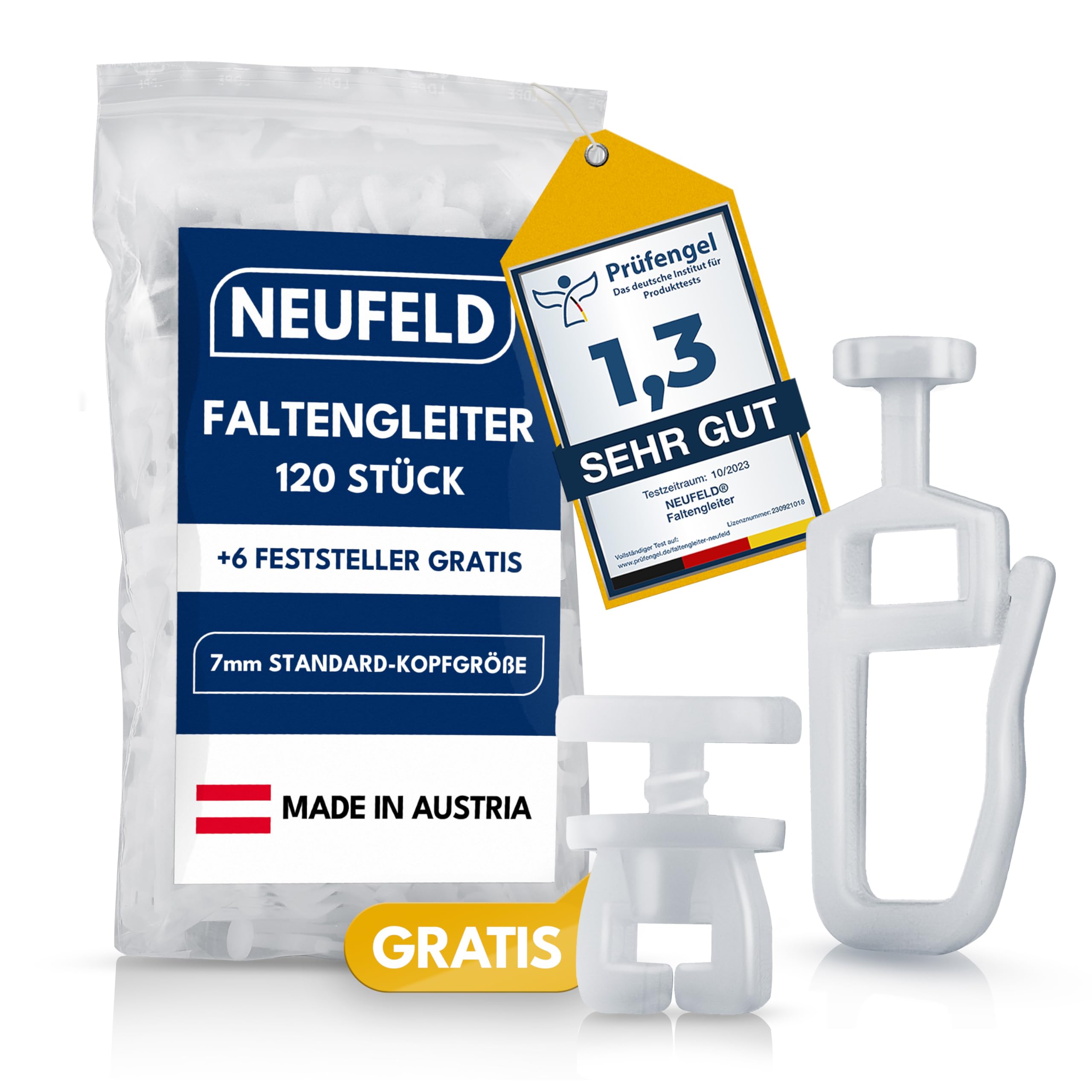 NEUFELD® 120 Gardinengleiter für Innenlaufschienen (inkl. 6 Feststeller) | 7mm Faltengleiter für Gardinenschienen, Vorhangschienen | Gardinenrollen