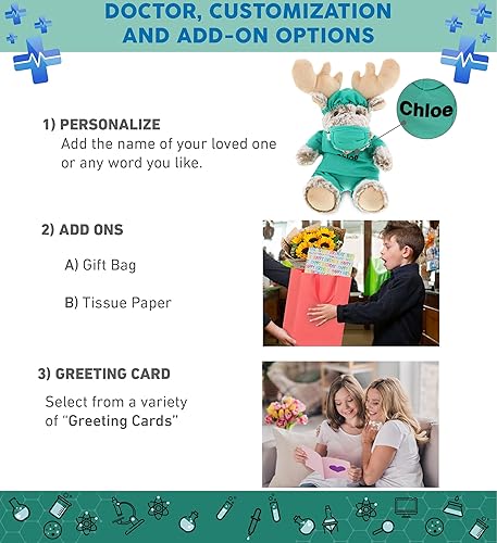 Miniatura 2 de DolliBu Juguete de peluche de doctor de alces sentados, disfraz de animal de peluche súper suave con bonito uniforme médico y traje de gorra, regalo