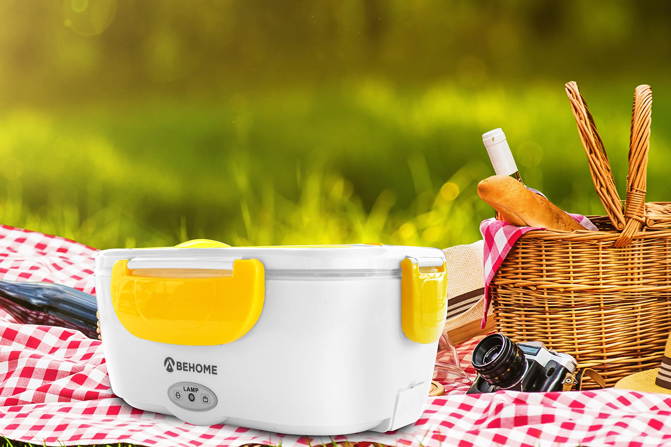 BEHOME Scaldavivande Elettrico Portatile con 2 Contenitori Removibili 1,5 Litri Lunch Box con vano portaposate e Cucchiaio (Giallo)
