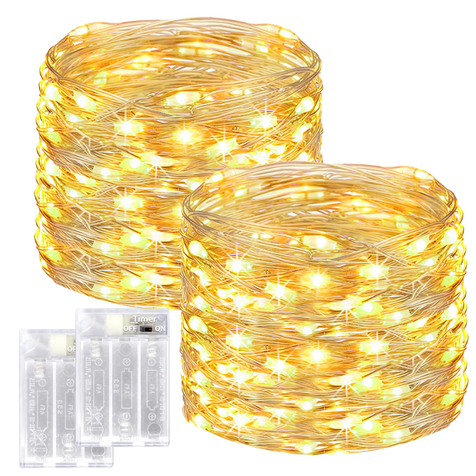 btfarm 12M 120 LED Guirnalda Luces Pilas con Temporizador, 2 Paquete Guirnalda Luces Interior, Alambre Cobre Impermeable Luces de Cadena, Decoración de Habitacion Navidad Exterior Jardin-Blanco Cálido