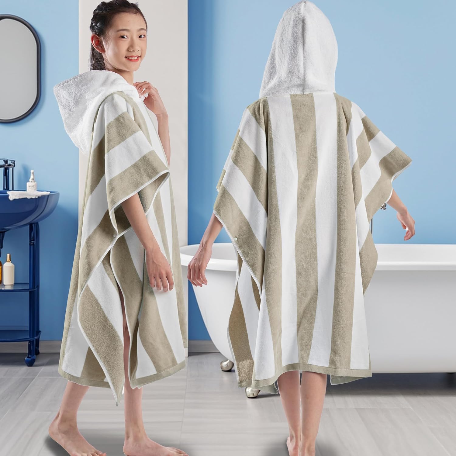 VOOVA & MOVAS Teens Poncho Towel with Hood - Teens Hooded Pool Towel Robe (8-16Years), Large and Absorbent Cotton - Versatile for Beach, Pool, Swim, and Bath, Purple & Grey